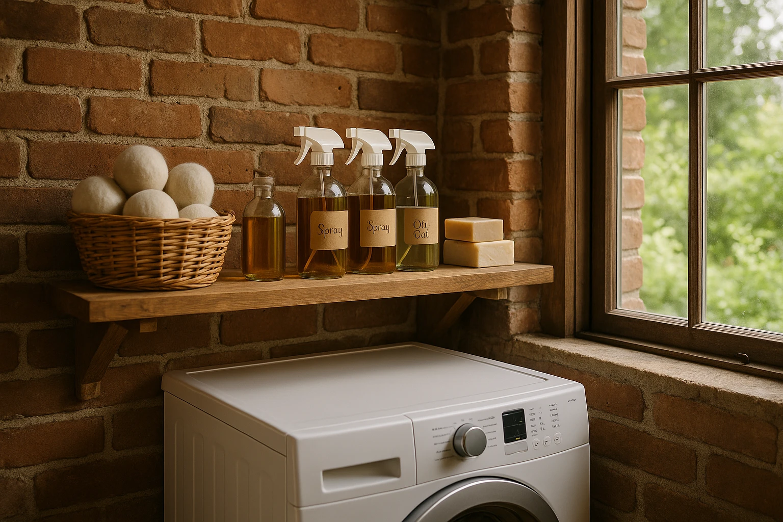 A rustic laundry room with an exposed brick wall, featuring a wooden shelf stocked with eco-friendly cleaning supplies such as glass spray bottles with homemade labels, a basket of wool dryer balls, and biodegradable soap bars, beside a large window overlooking a lush garden.