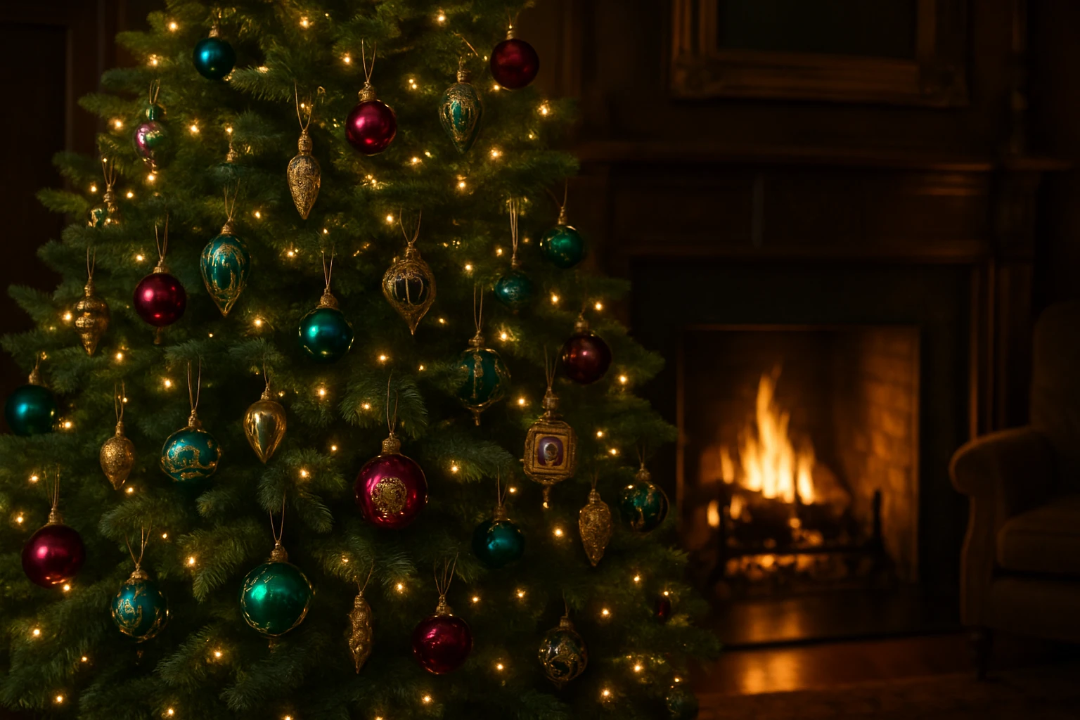 A cozy living room adorned with a lush green Christmas tree, decorated with opulent jewel-tone ornaments, glowing fairy lights, and vintage heirloom decorations, with a roaring fireplace adding a warm ambiance.