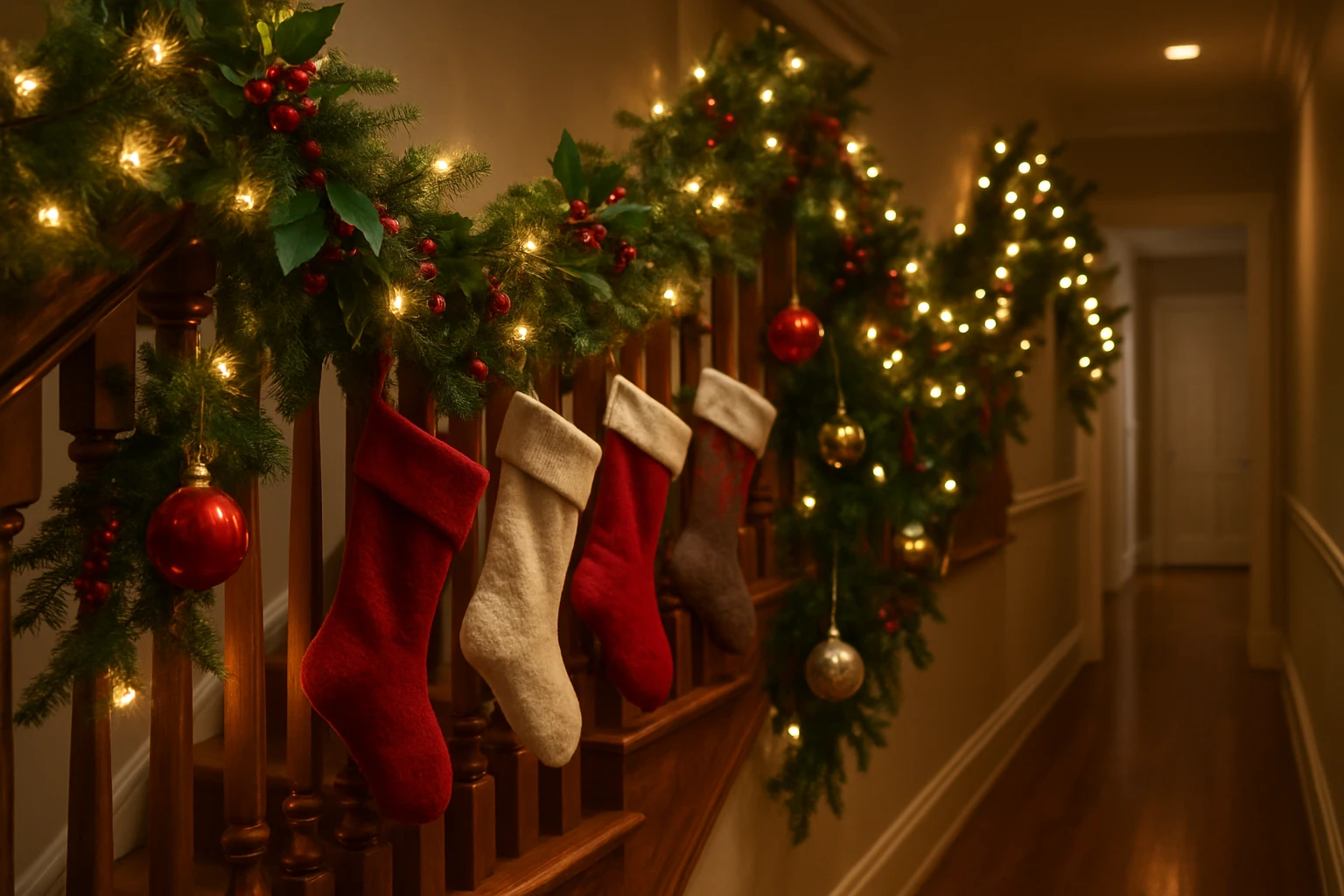 A hallway adorned with garlands of pine and holly, woven with warm-colored string lights, casting a cozy glow on the decorative stockings and hanging ornaments lining the wooden banister.