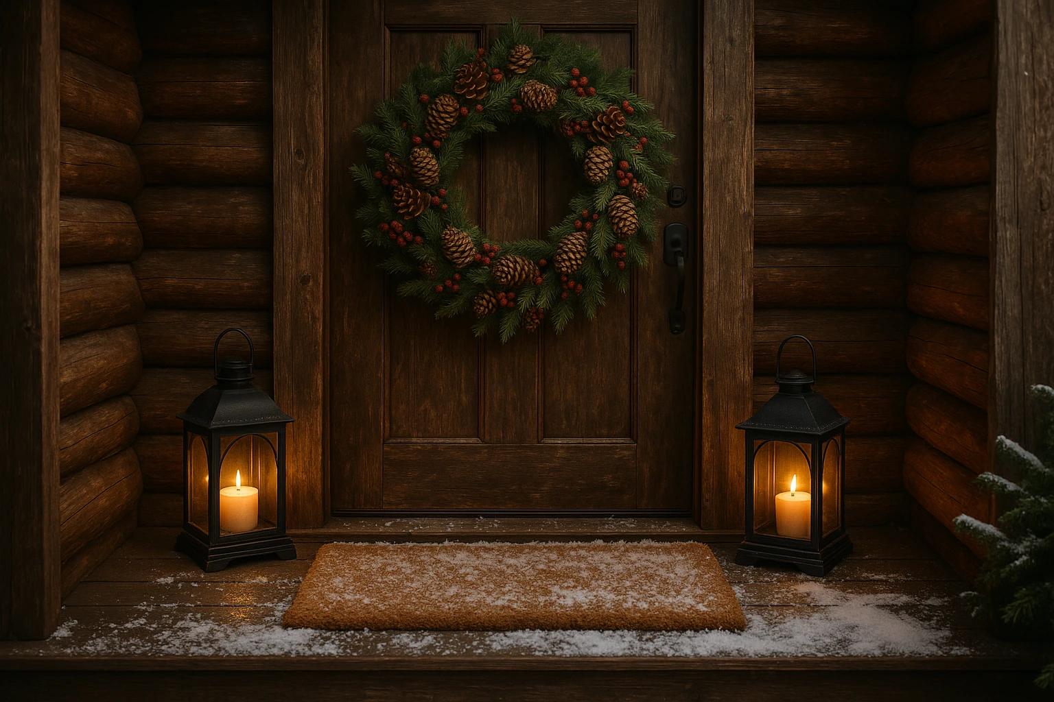 A rustic wooden front porch decorated with a large, intricately woven wreath made from pinecones, berries, and evergreen branches, flanked by vintage lanterns casting a warm glow on a snow-dusted welcome mat.
