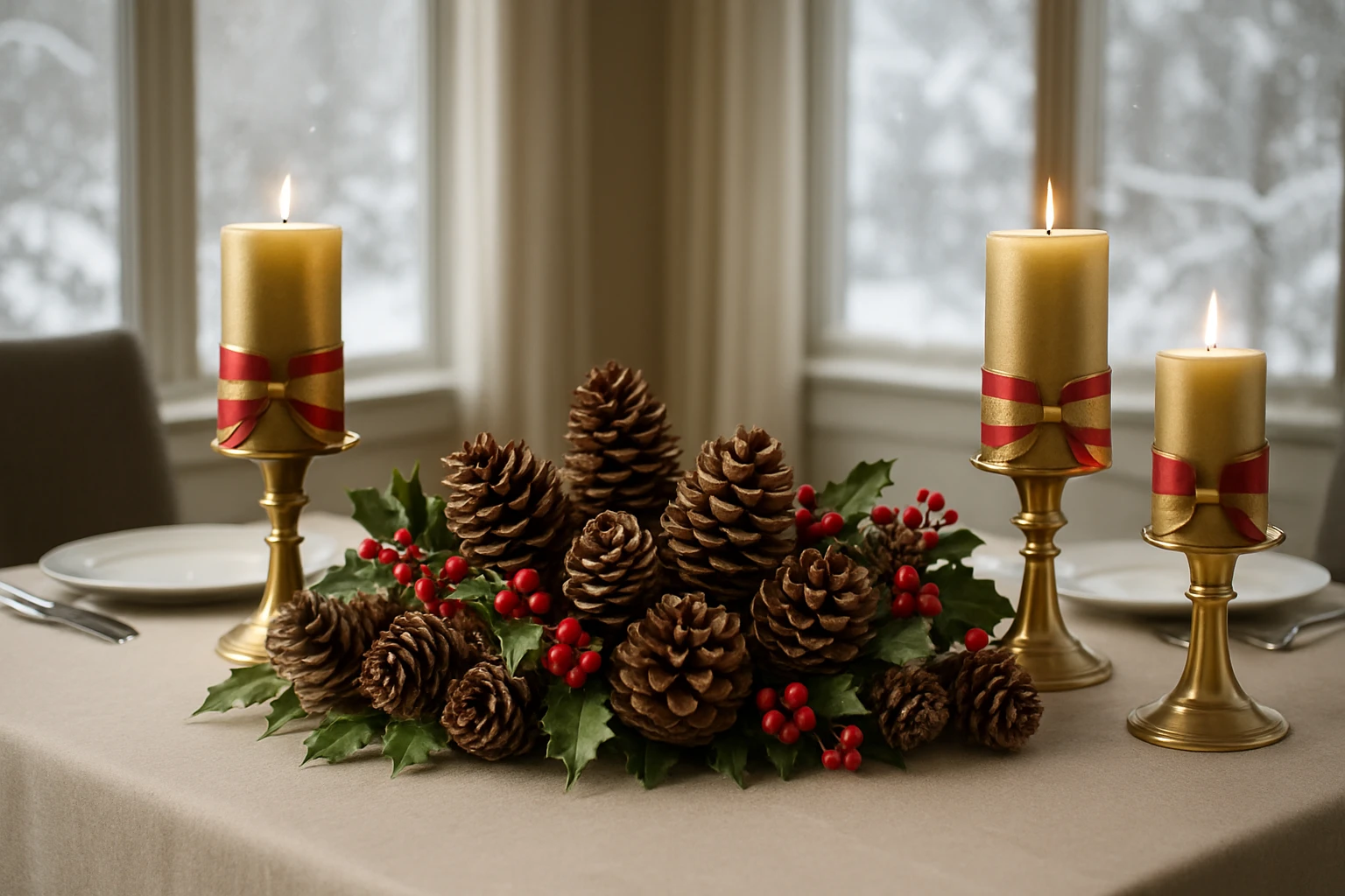 A dining table adorned with a handcrafted centrepiece featuring a collection of pinecones, sprigs of holly, and red berries, surrounded by elegant candle holders wrapped with gold and red seasonal ribbons, set against a backdrop of snow-covered windows.