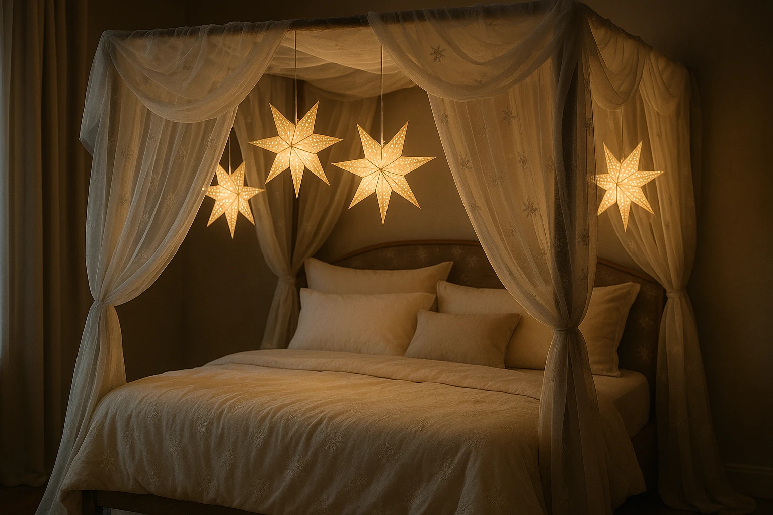 A cozy bedroom with a canopy bed draped in soft, flowing, white fabric accented with delicate silver snowflake patterns, bathed in the warm glow of hanging star-shaped paper lanterns, creating an intimate, magical cocoon effect.