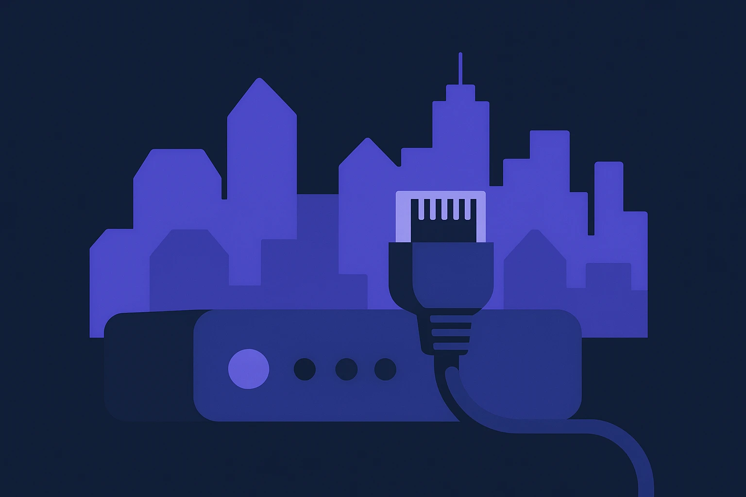 A close-up of a network cable plugged into a residential router with a cityscape in the background, symbolizing the connection and differences between residential and datacenter proxy usage.