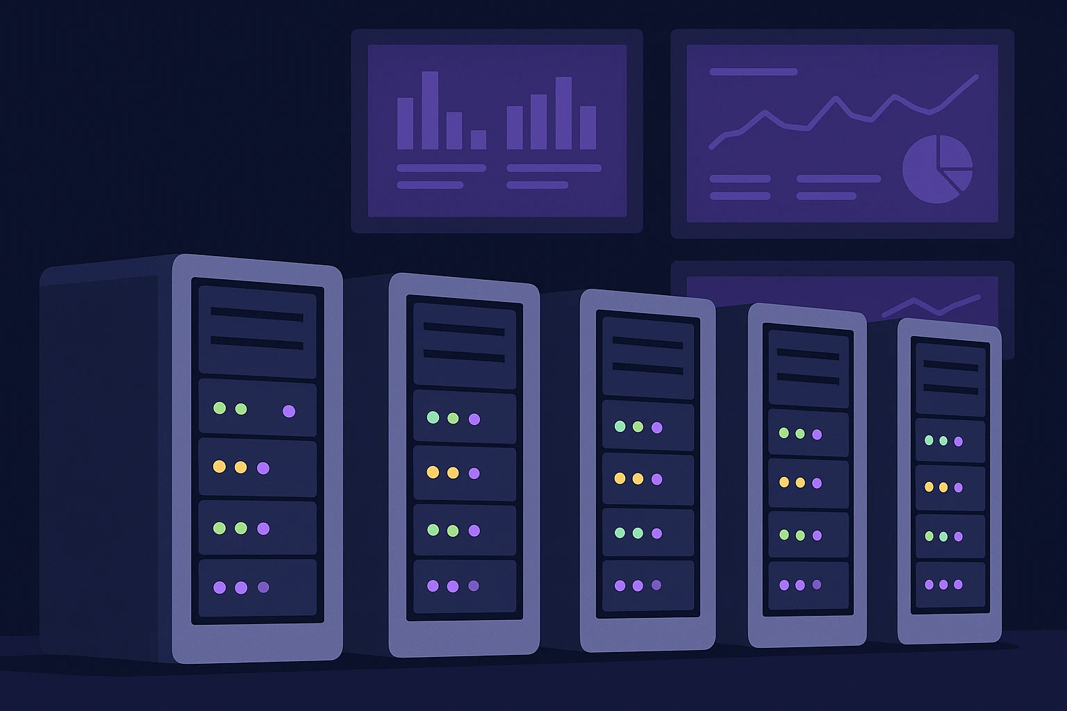 A row of sleek, silver servers inside a dimly lit data center, each server adorned with blinking LEDs, representing the high-speed infrastructure of datacenter proxies, with a wall of monitors displaying graphs and analytics in the background.