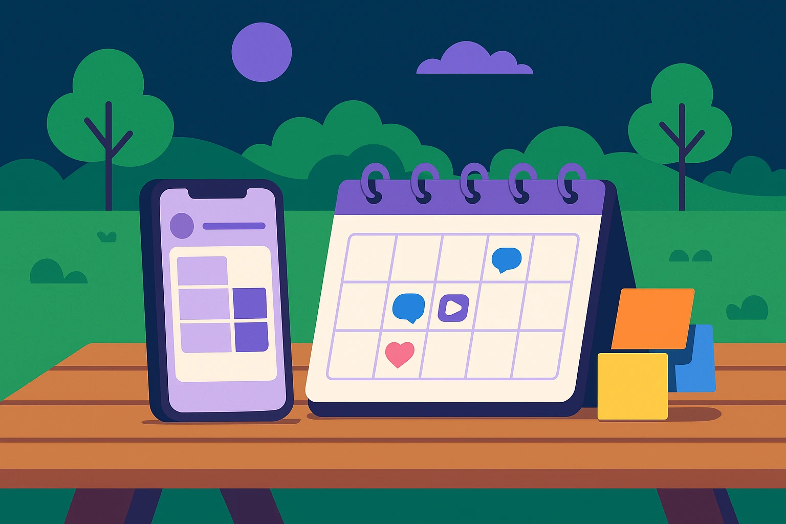 A collection of various automation tools like a smartphone showing a scheduling app, a physical calendar marked with social media icons, and colorful sticky notes, all arranged on a wooden picnic table in a sunny park setting.