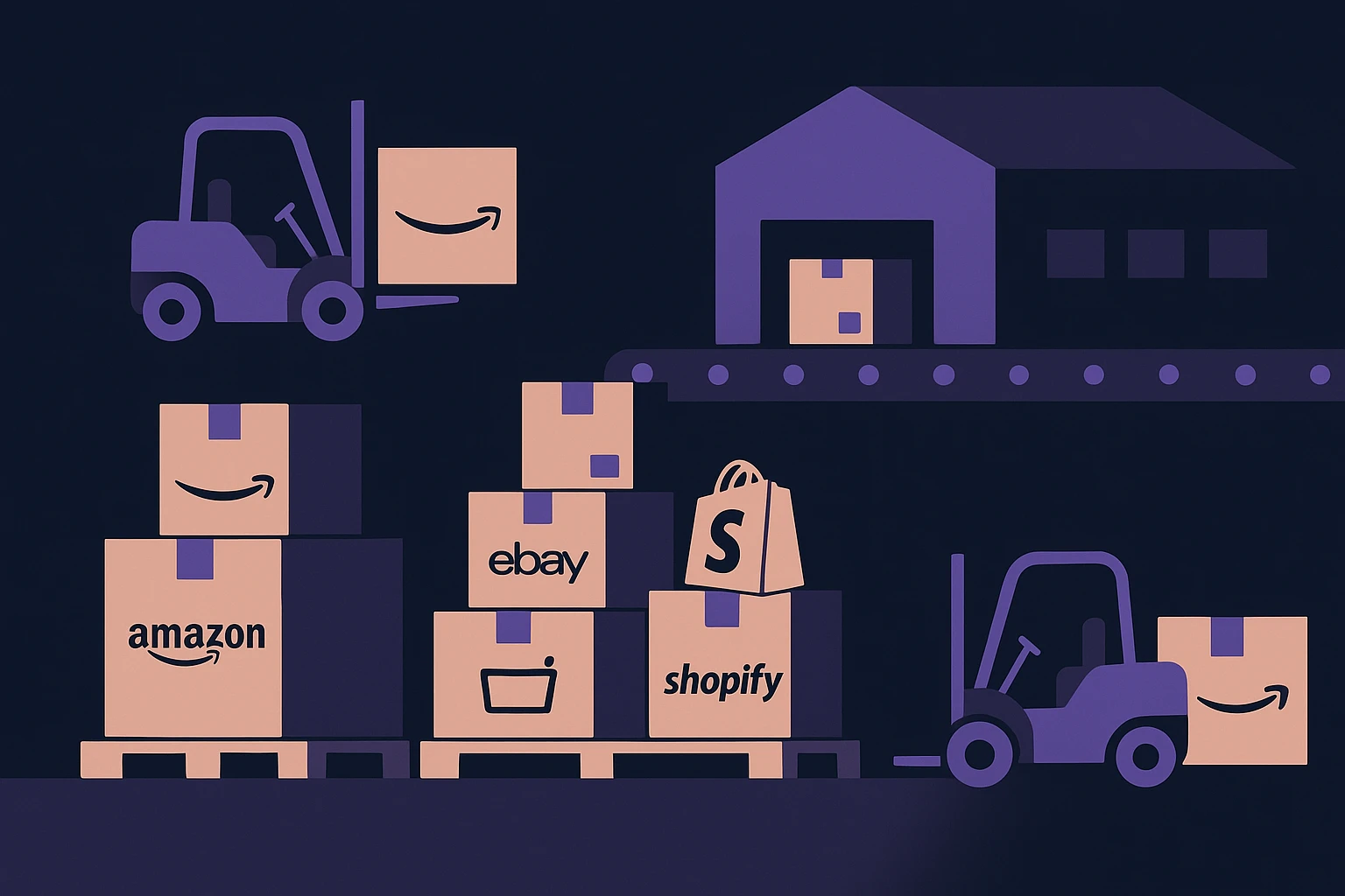 Various ecommerce packages being shipped from a warehouse, with branded boxes of Amazon, eBay, and Shopify stacked neatly on pallets, surrounded by forklifts and conveyor belts.