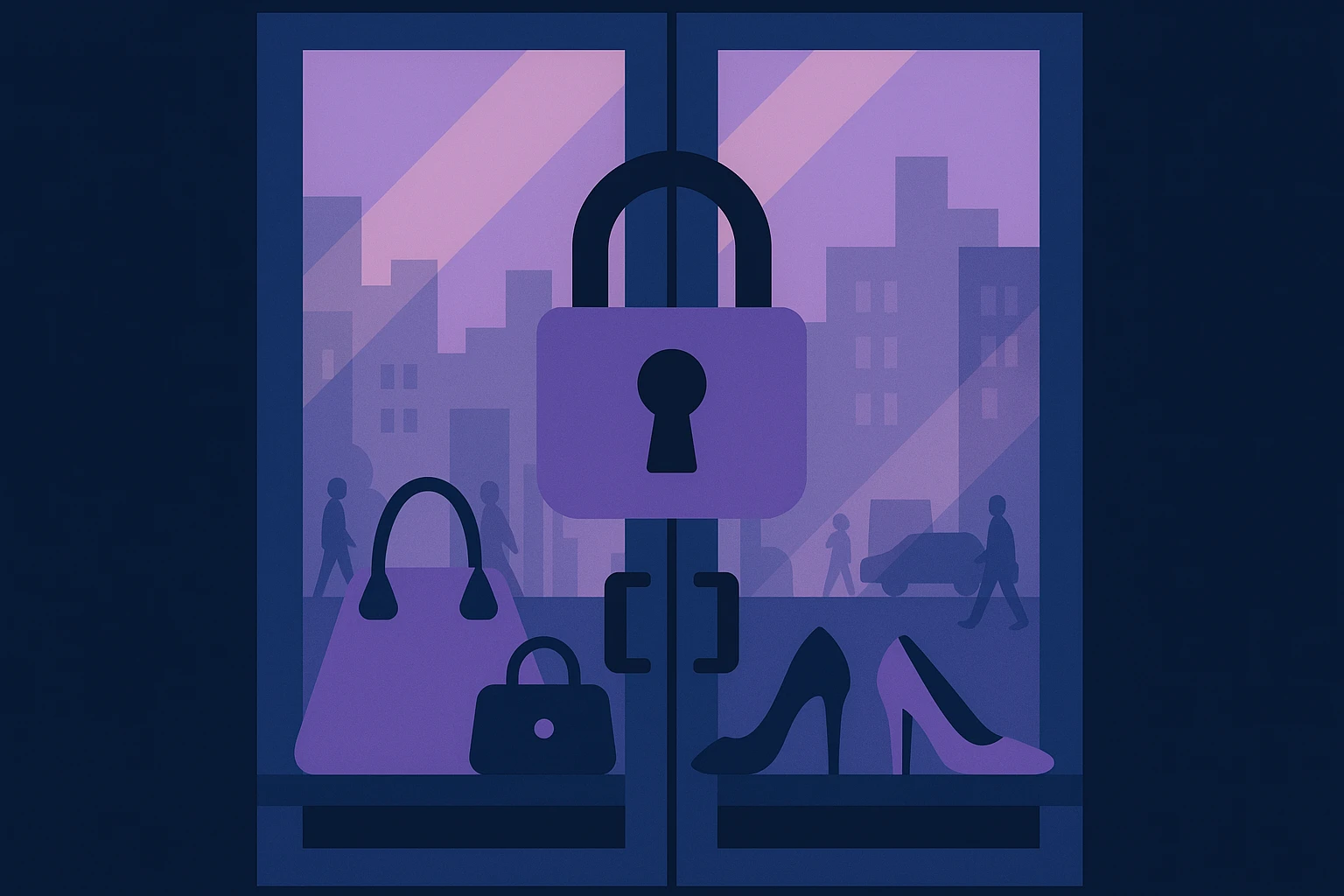 A close-up of a locked glass storefront door with an embossed padlock symbol, reflecting a bustling city street; behind the glass, various luxury handbags and shoes are displayed, symbolizing ecommerce security.