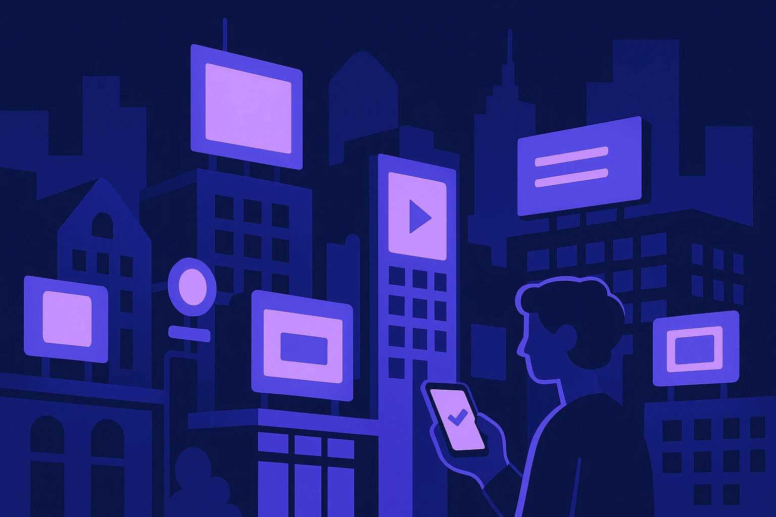 A bustling cityscape with prominent billboards displaying digital ads, while a person checks a smartphone to verify ad placement amidst vibrant street signage and diverse urban architecture.