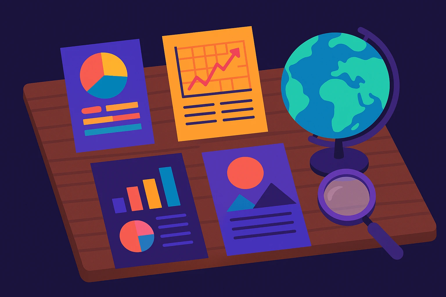 A series of vibrant, colorful marketing brochures and flyers spread across a wooden table, with a globe and magnifying glass alongside to symbolize global market research and analysis.