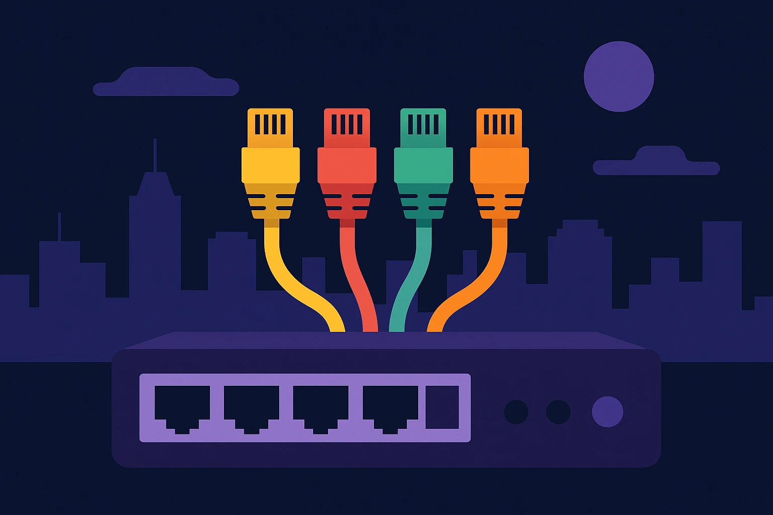 A close-up of a network switch with colorful Ethernet cables plugged in, set outdoors against a backdrop of a city skyline, symbolizing connectivity and IP rotation in a real-world setting.