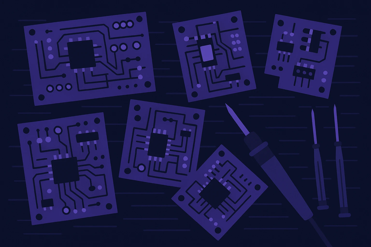 A collection of scattered printed circuit boards with various electronic components, placed on a wooden workbench with tools like a soldering iron and precision screwdrivers, representing the technical intricacies of IP rotation.