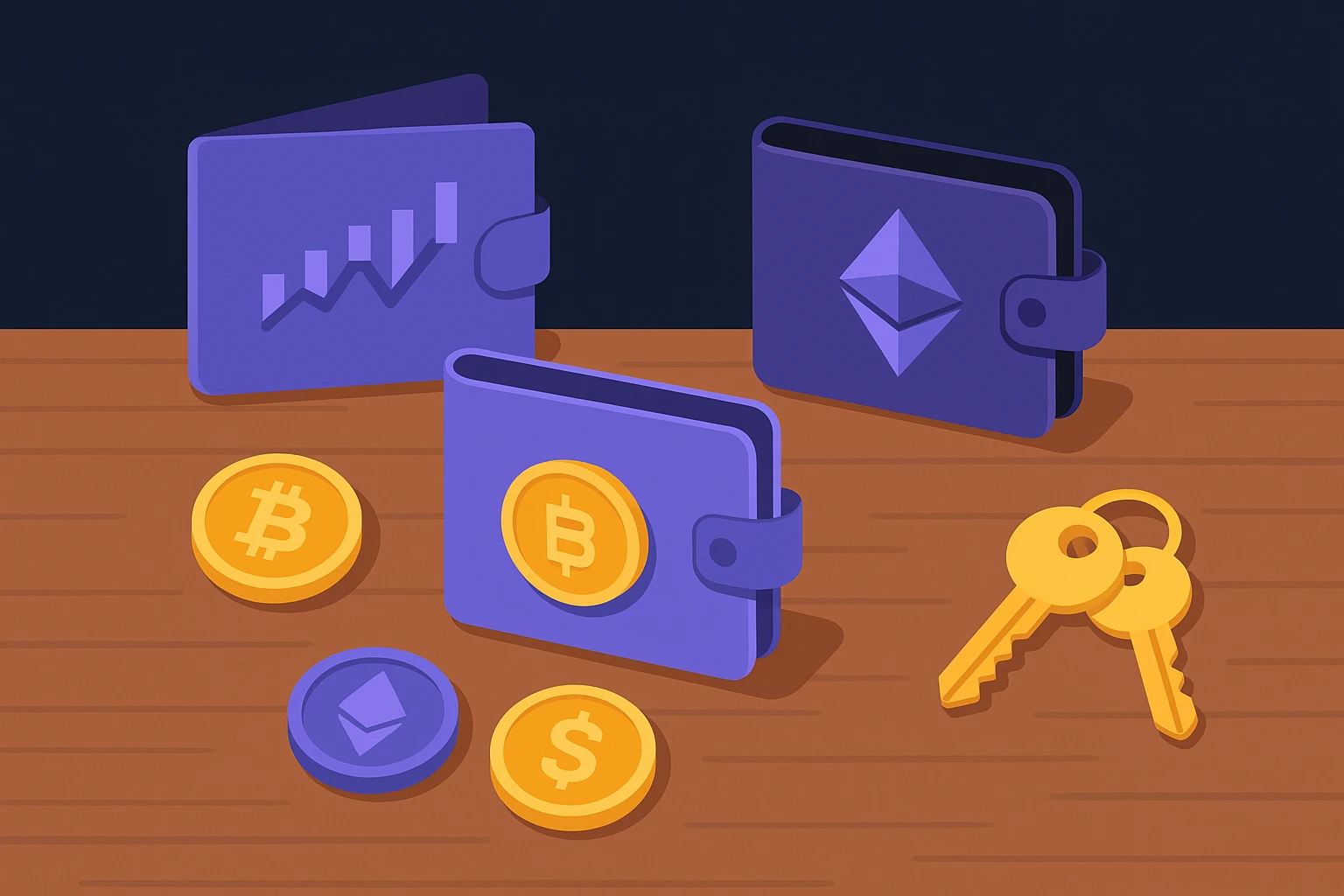 A collection of different cryptocurrency wallets and coins arranged on a wooden table, each labeled for unique purposes like trading, storage, and NFTs, with a set of keys placed beside them to symbolize security and access.