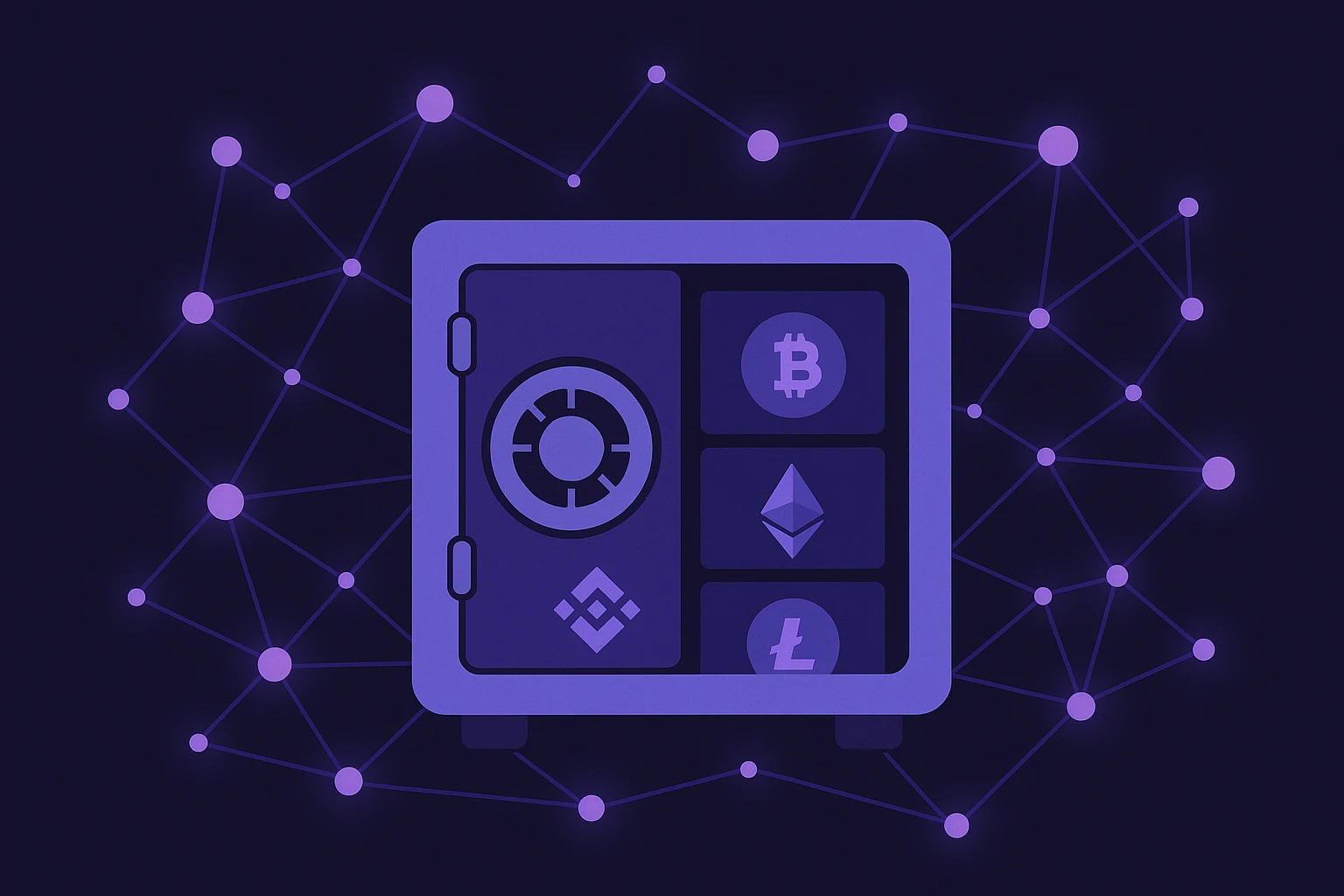 A digital vault with multiple compartments, each labeled for different cryptocurrencies, surrounded by a network of glowing blockchain nodes connected by lines, symbolizing enhanced security and streamlined operations through a crypto wallets proxy.