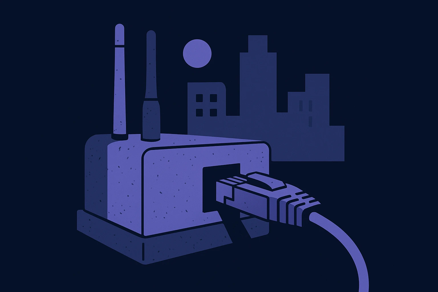 A network cable being plugged into a weathered outdoor router, with a cityscape in the background symbolizing connectivity and data management.