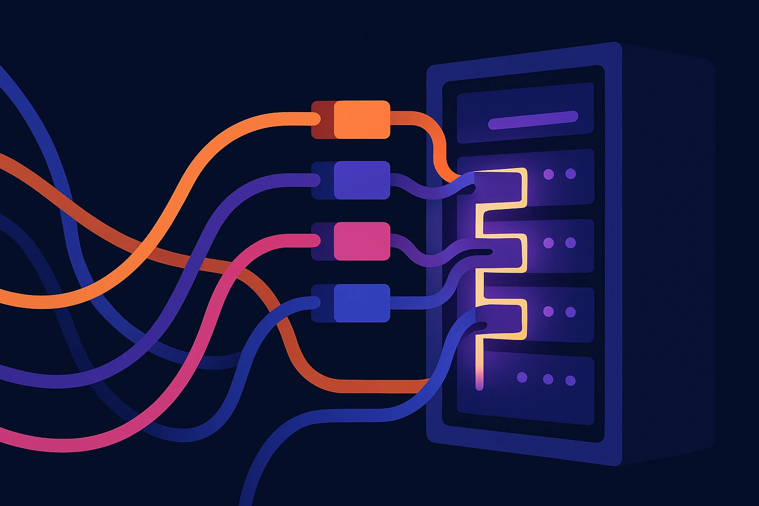 A close-up of a complex network of colorful server cables and a glowing server rack in a dimly lit data center, symbolizing the intricate challenge of bypassing CAPTCHA in web scraping.