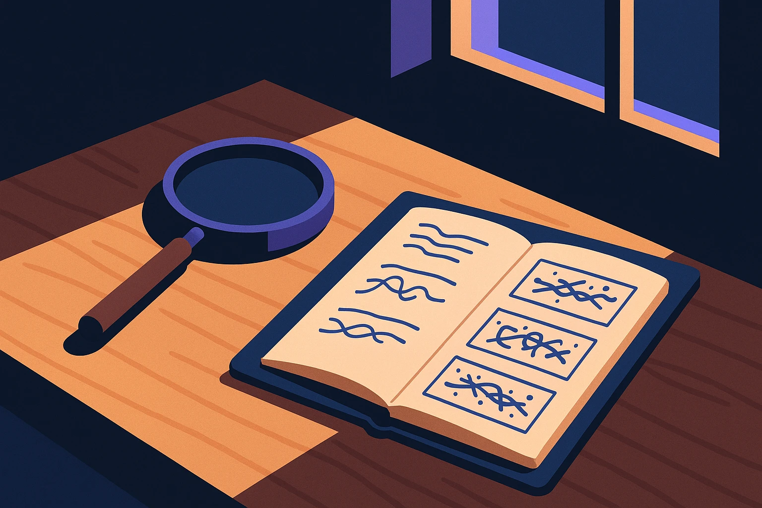 A magnifying glass lying on a wooden table next to a notebook with handwritten notes and diagrams representing CAPTCHA patterns, illuminated by natural sunlight through a window.