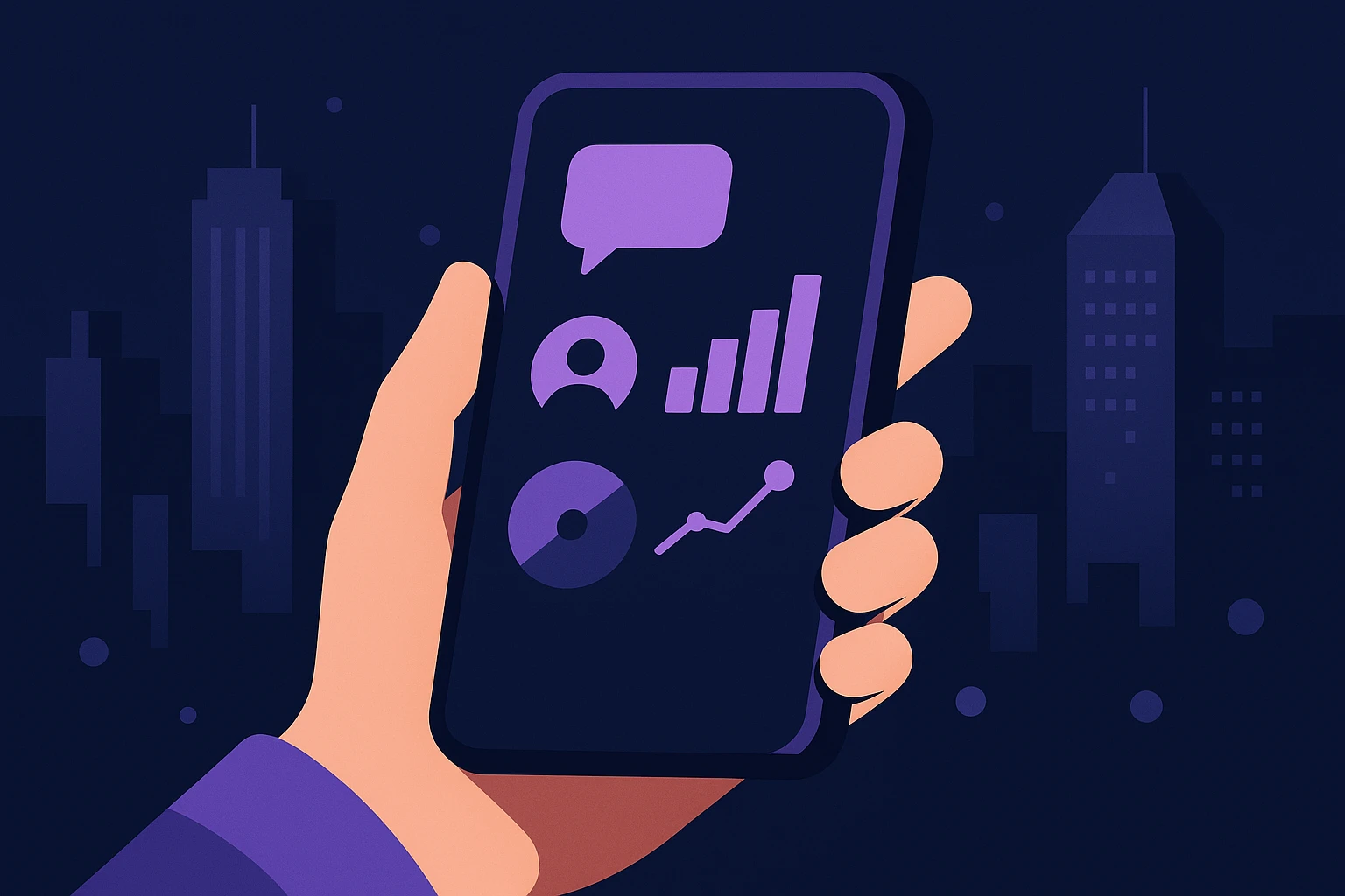 A close-up of a smartphone in someone's hand displaying social media app analytics, with diverse urban backgrounds like skyscrapers and city lights visible in the distance.