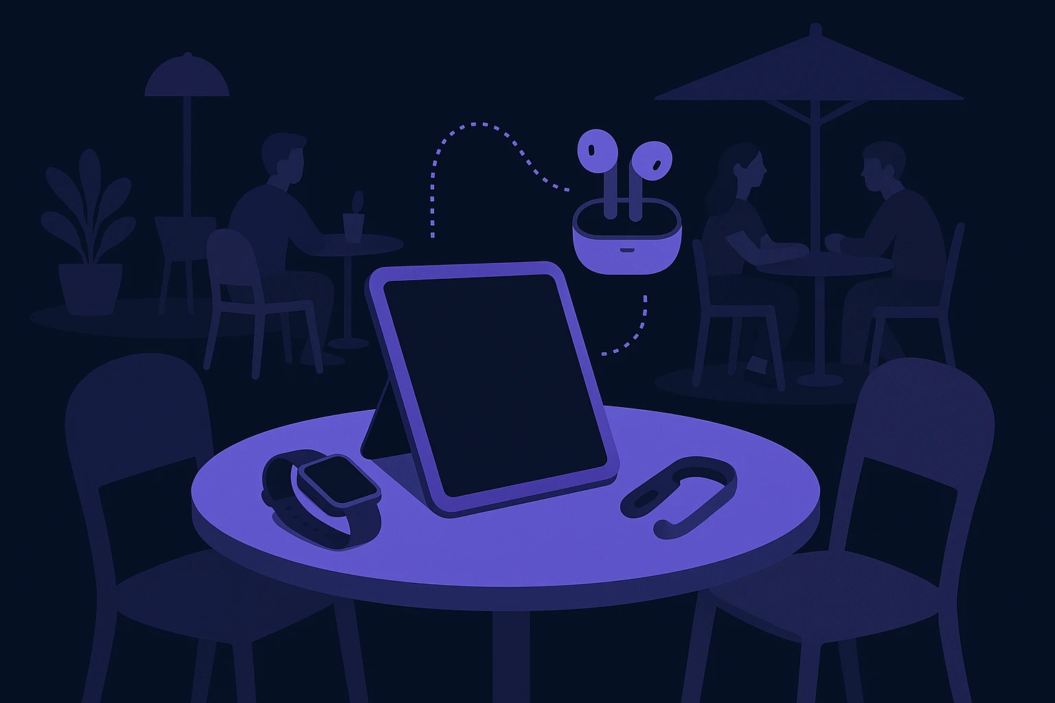 A shot of a bustling outdoor café with a table displaying a tablet surrounded by other gadgets, like a smartwatch and earbuds, all connected wirelessly, symbolizing device integration and data collection in social settings.