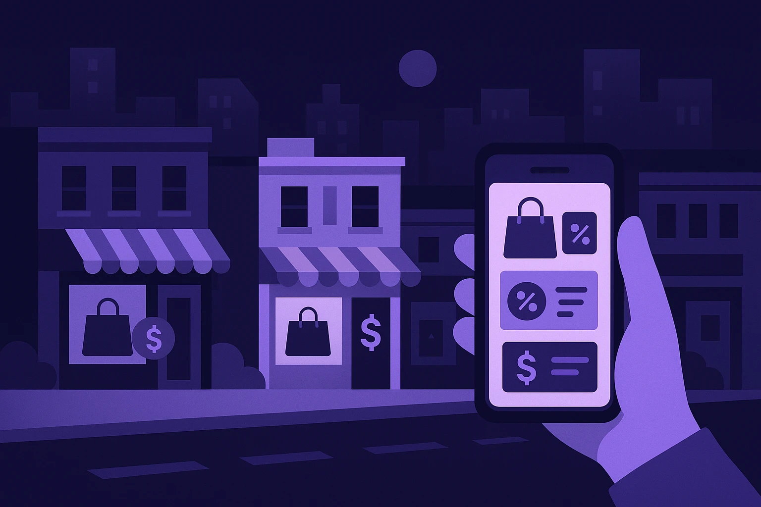 A bustling city street lined with diverse storefronts displaying varying prices for the same product, illustrating regional market differences captured by proxies; a smartphone in someone's hand showing a local shopping app highlighting distinct promotional offers.
