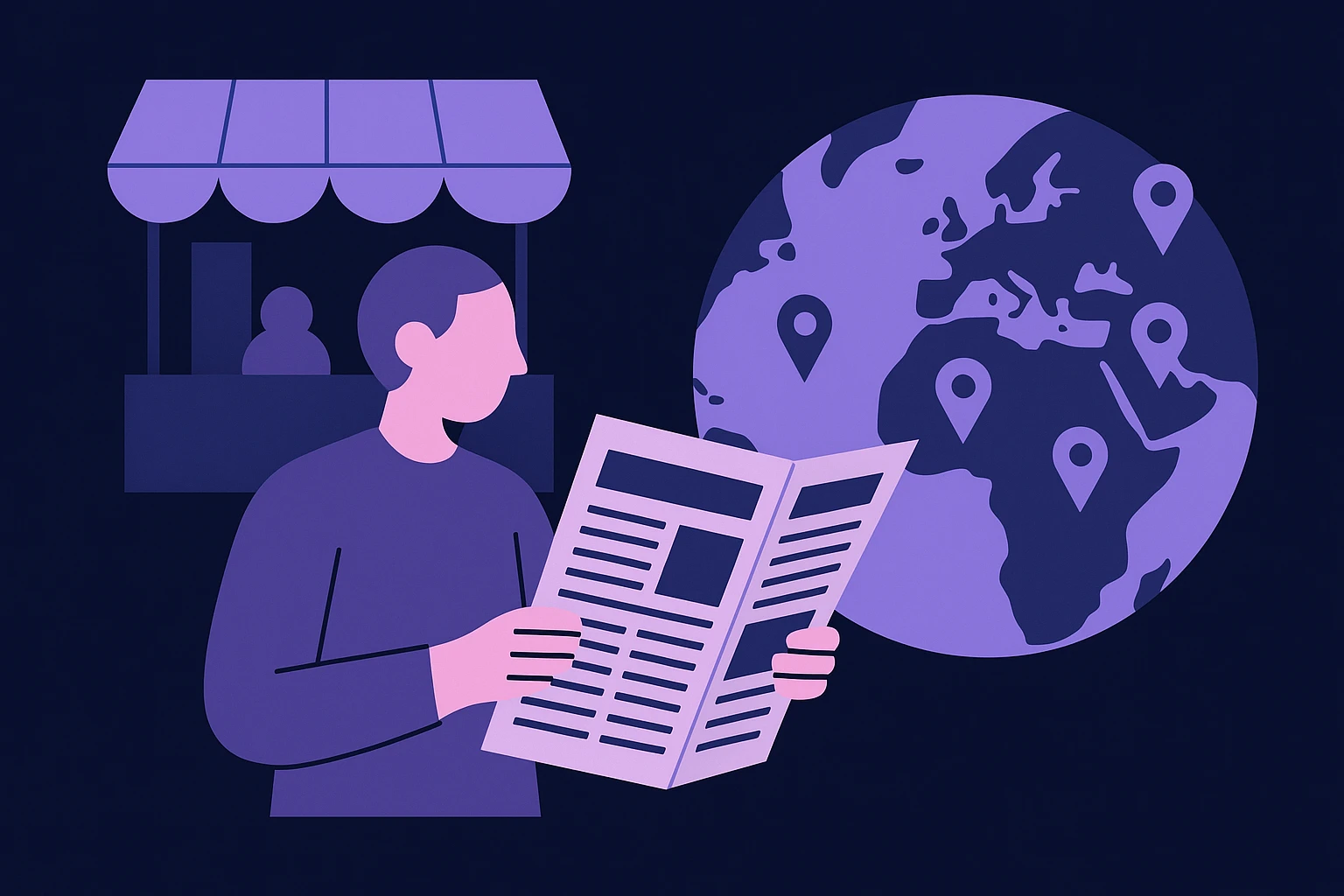 In a vibrant marketplace, a person holds an international newspaper next to a globe with pins marking various countries, symbolizing the global insights and regional data accessed through market research proxies.
