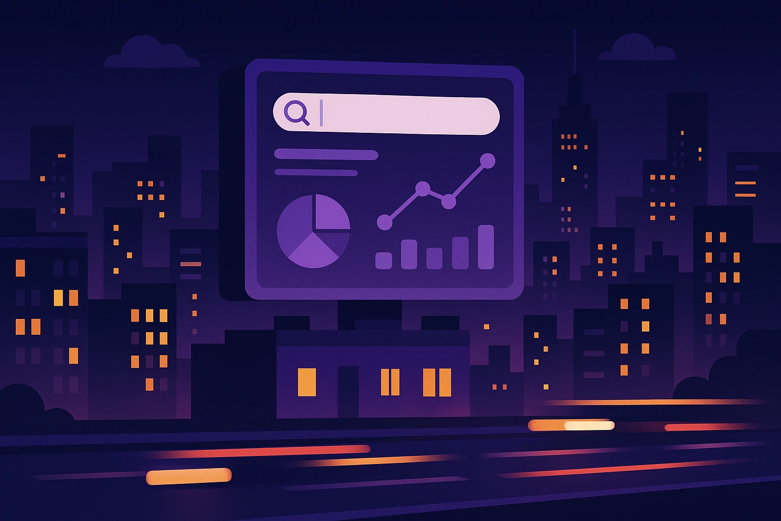 A cityscape at dusk with a large digital billboard displaying search engine analytics, surrounded by bright city lights and moving traffic below, symbolizing the dynamic flow of data influenced by different proxy types.