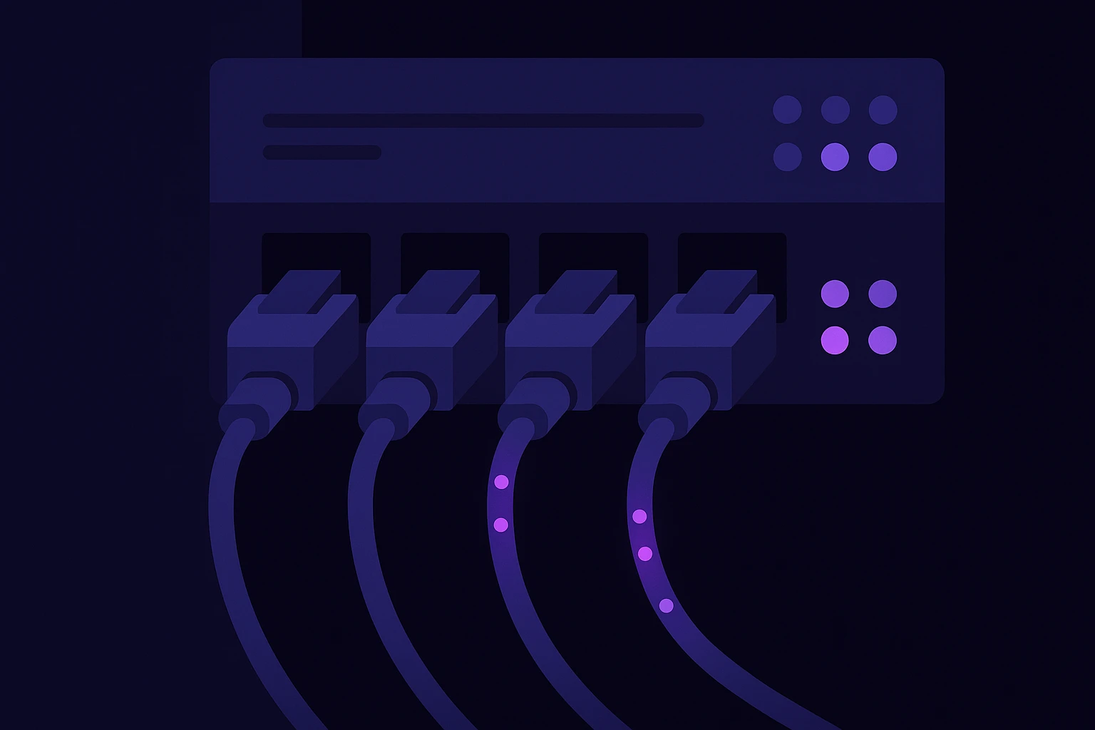 A close-up of network cables connected to a server rack, with glowing LED indicators illustrating data flow, set against the backdrop of a dark room, demonstrating the digital infrastructure supporting proxy rank tracking systems.