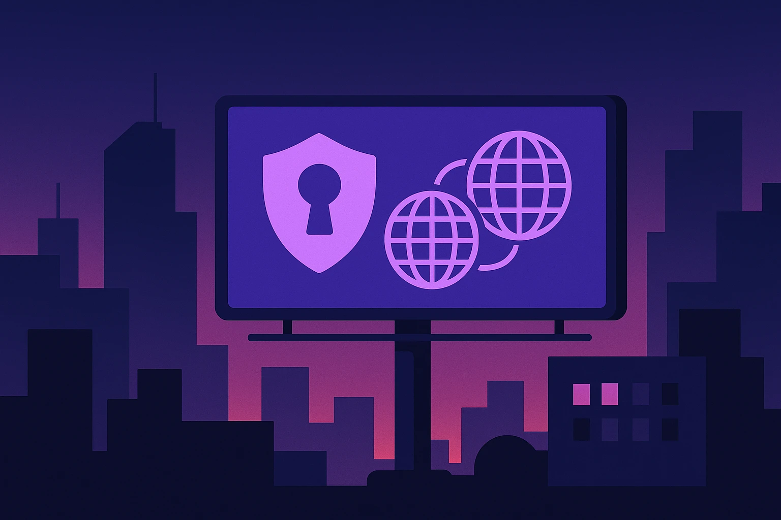 A cityscape at dusk with a digital billboard prominently displaying a secure network icon next to images of interconnected globe symbols, representing a comprehensive proxy service for crypto tasks.