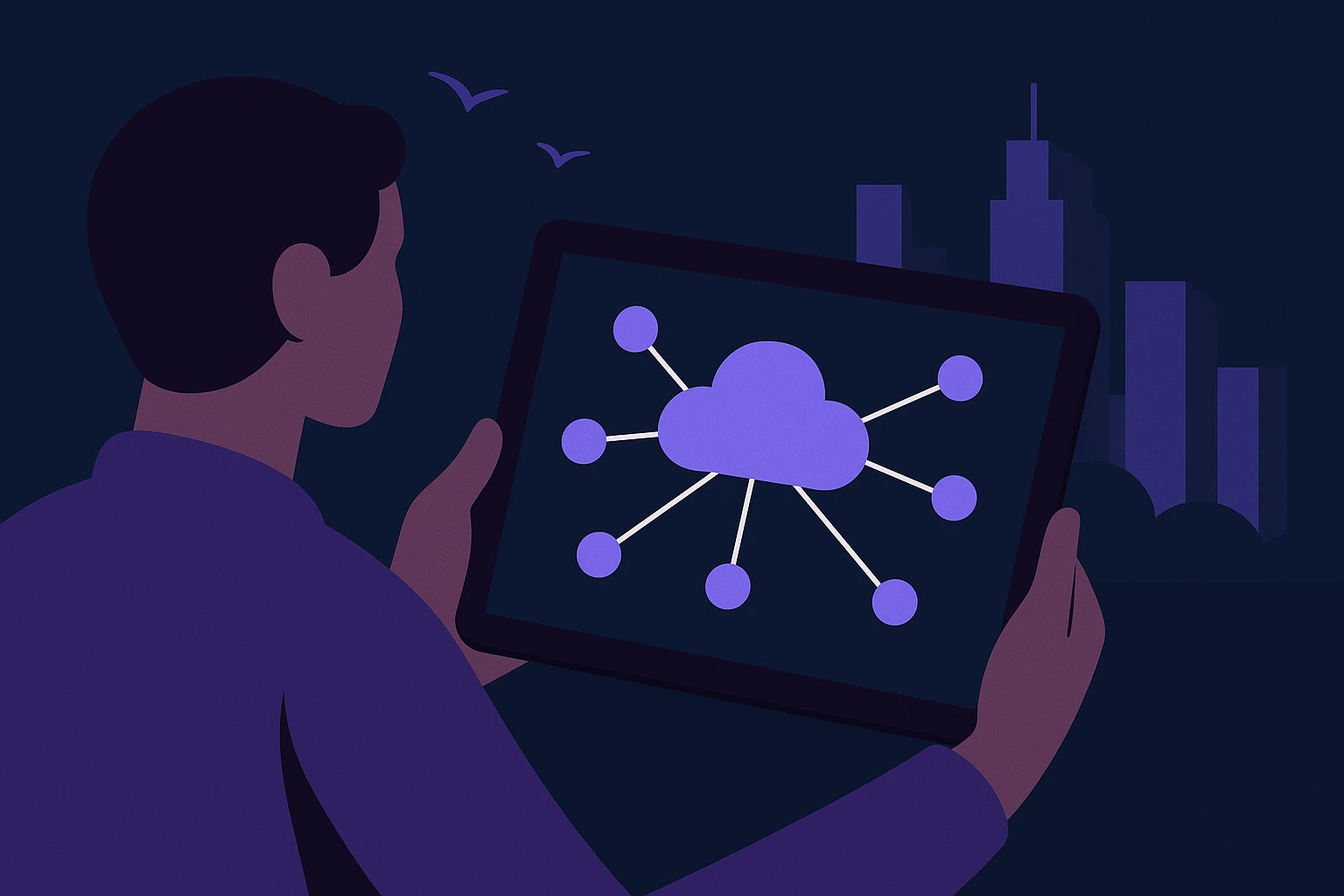 A network diagram displayed on a tablet held by a person outdoors, with a backdrop of city skyscrapers and birds flying, illustrating the connectivity and global reach of cloud proxy solutions.