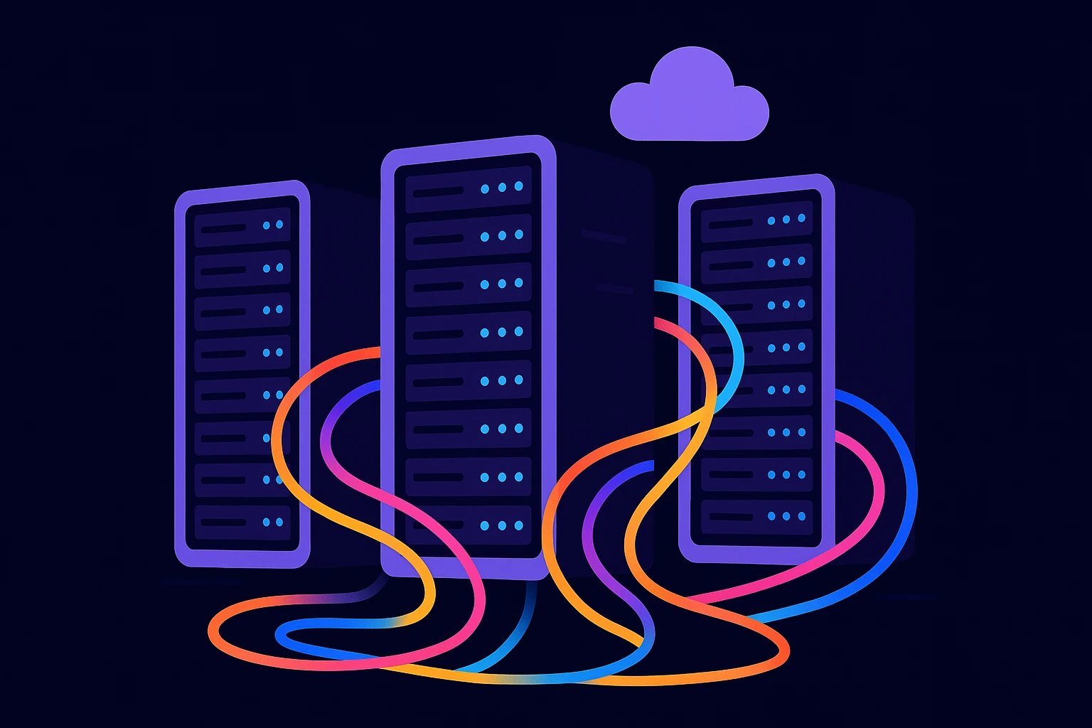 A futuristic server room with glowing racks of servers connected by bright, multicolored fiber-optic cables, illustrating the dynamic flow and optimization of data through cloud proxy solutions.