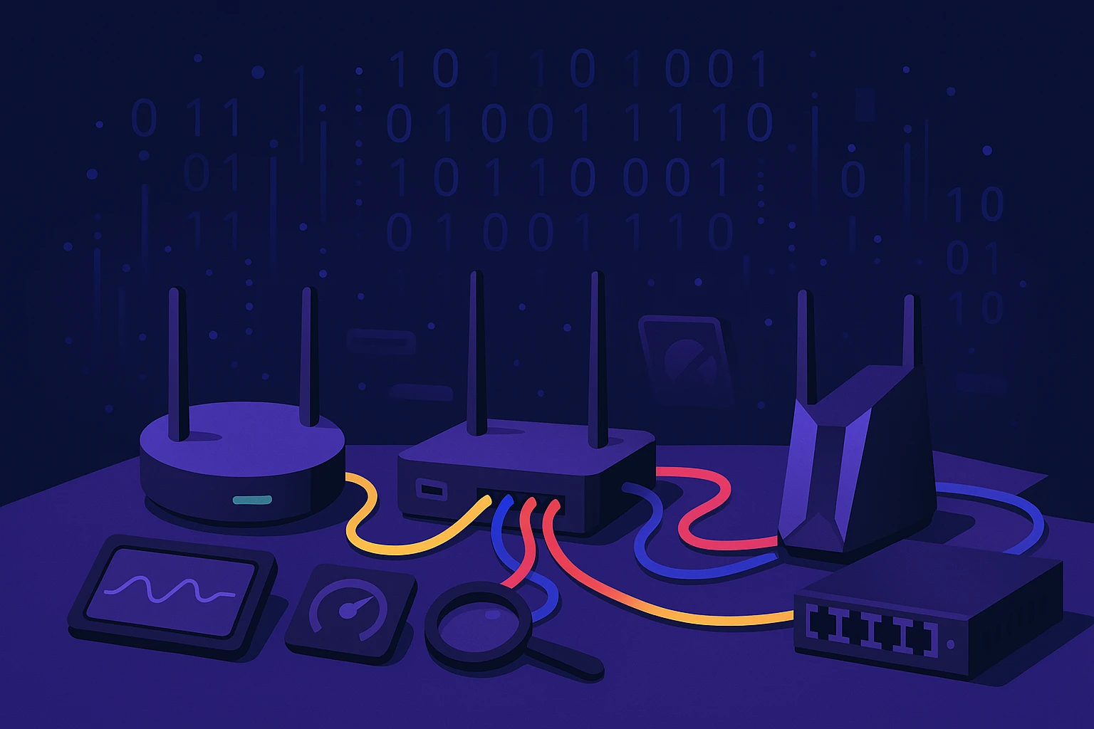 A set of sleek, futuristic routers on a table, each connected by colorful cables, surrounded by various network diagnostic tools and an open network switch, all set against an abstract digital-themed background with glowing binary code patterns.