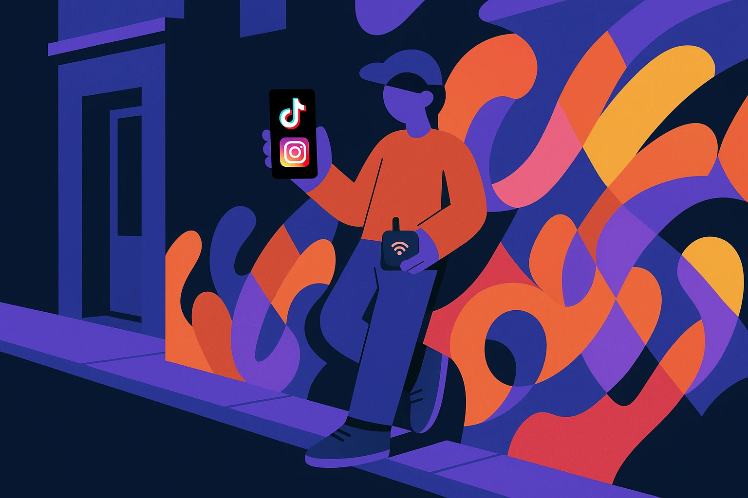 A vibrant street scene where a person leans against a colorful graffiti wall, holding a smartphone displaying TikTok and Instagram logos, with a small portable Wi-Fi device in the other hand.