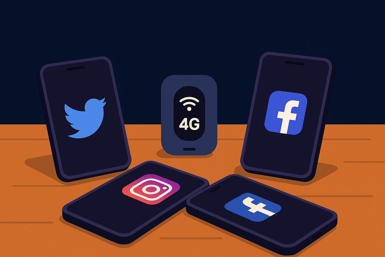 A series of smartphones arranged on a wooden table, each displaying a different social media app icon like Twitter, Instagram, and Facebook, with a small 4G mobile router positioned centrally, highlighting the role of mobile proxies in connectivity.