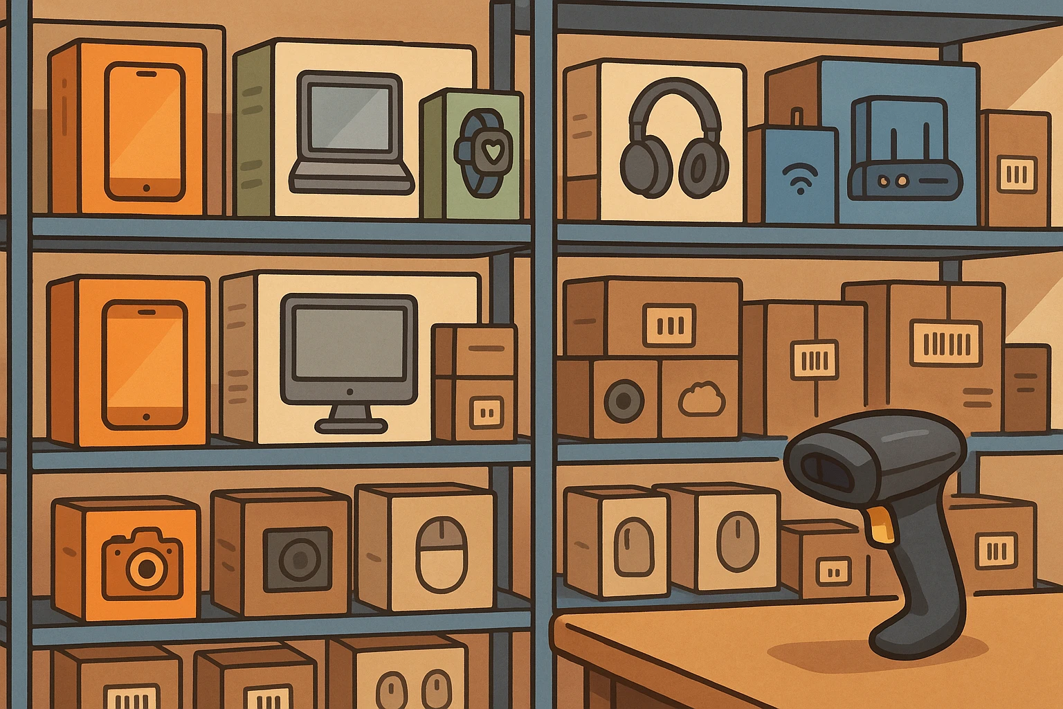 Organized tech product boxes on shelves with a barcode scanner nearby.
