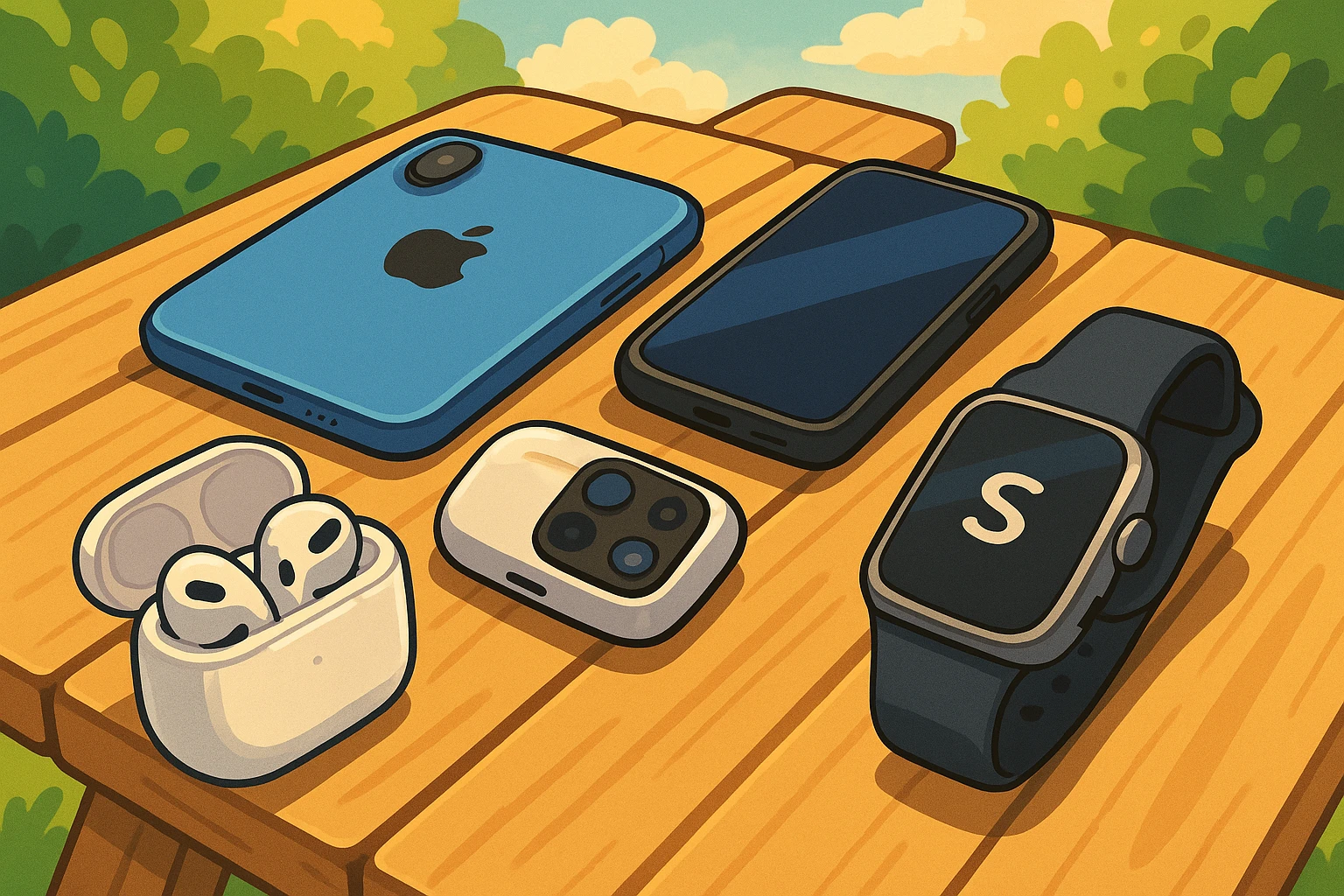Assorted tech gadgets on a sunlit table, showcasing popular brands.