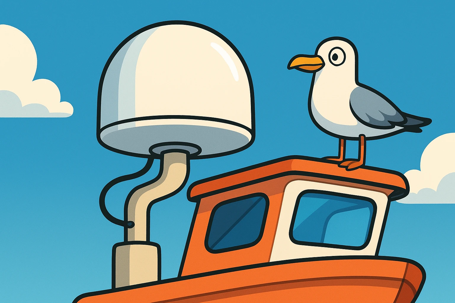 Satellite antenna enhances boat communication under clear skies.