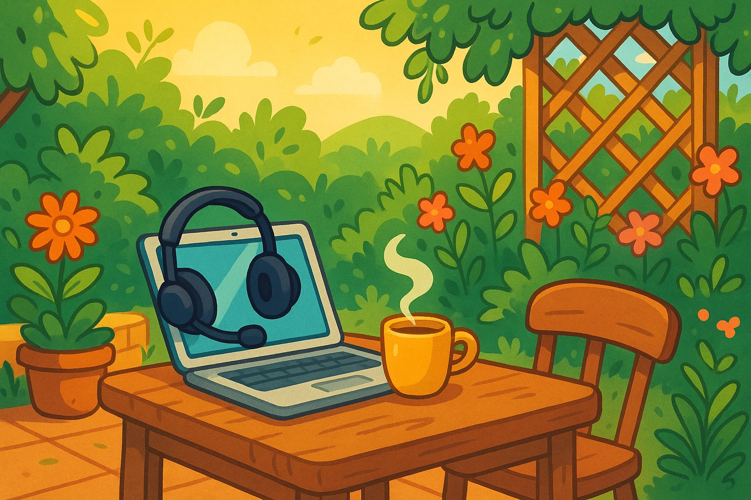 Remote work essentials set amidst vibrant nature on a sunny patio.