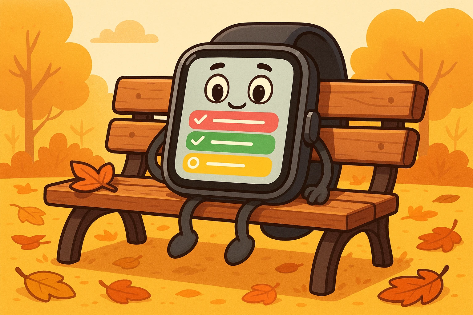 Smartwatch organizes tasks for remote work amidst autumn's charm.