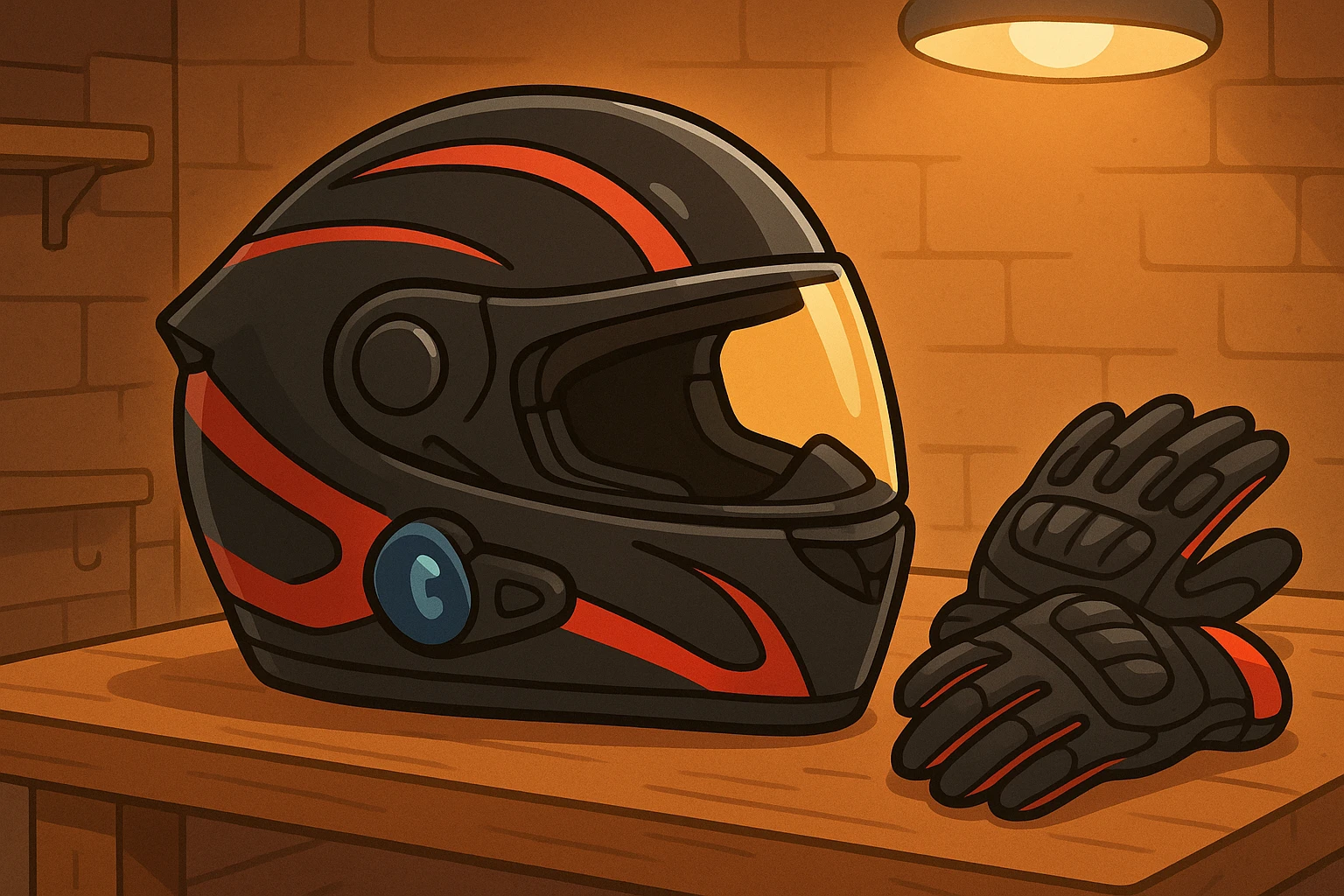 Cutting-edge motorcycle helmet and gloves ready for the next ride.