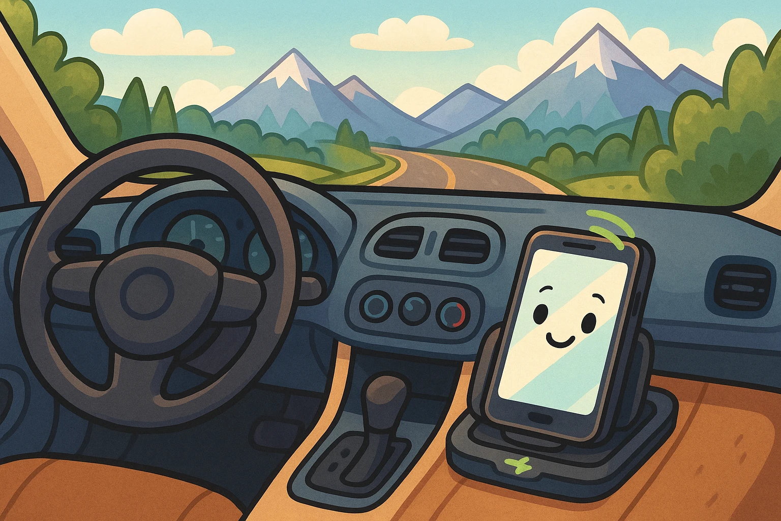 Wireless charger in action during a scenic drive.