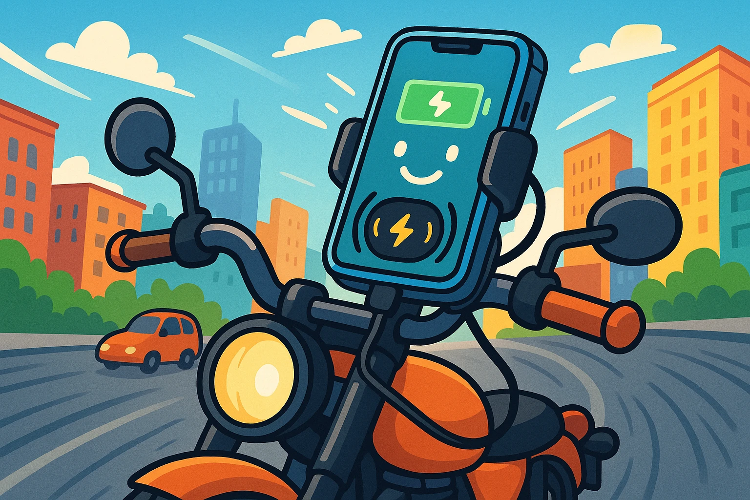 The motorcyclist uses a handlebar-mounted wireless charger in the city.