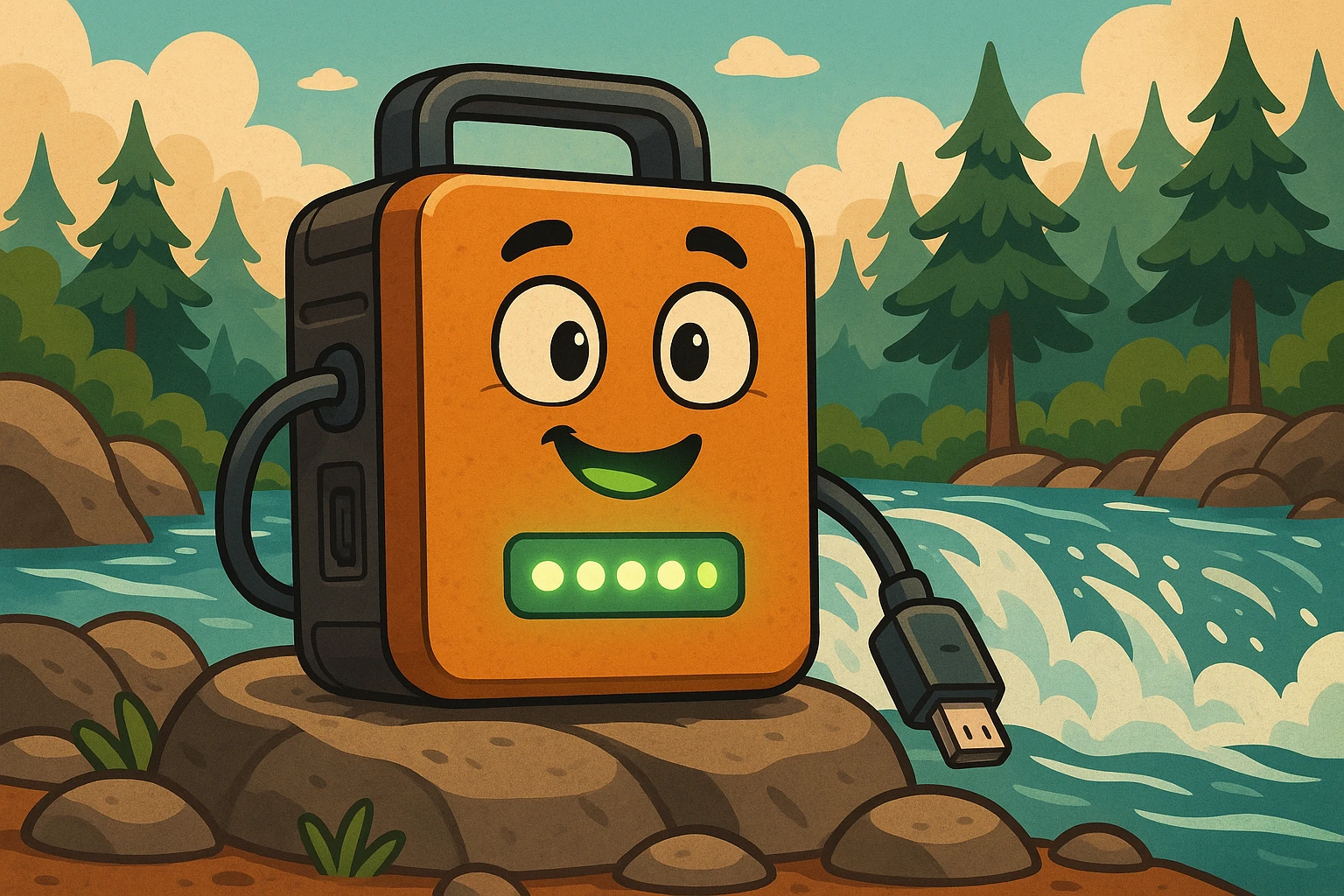 Power bank by a river, ready for any camping adventure.