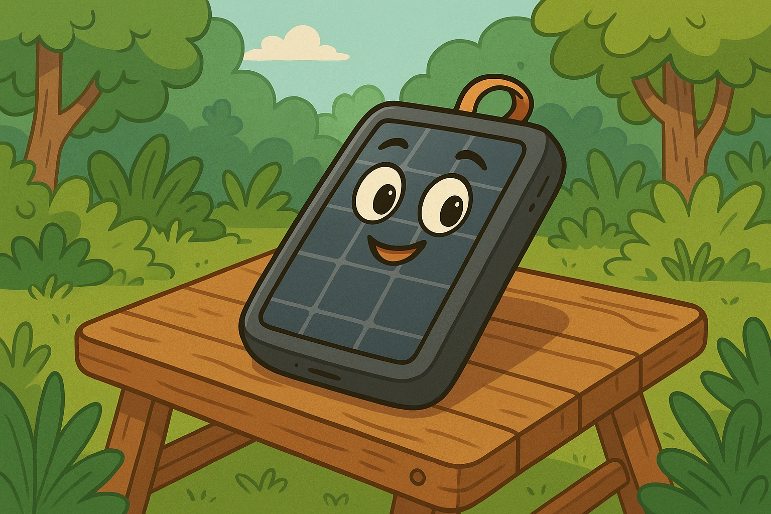 Eco-friendly solar charger in a vibrant forest setting.