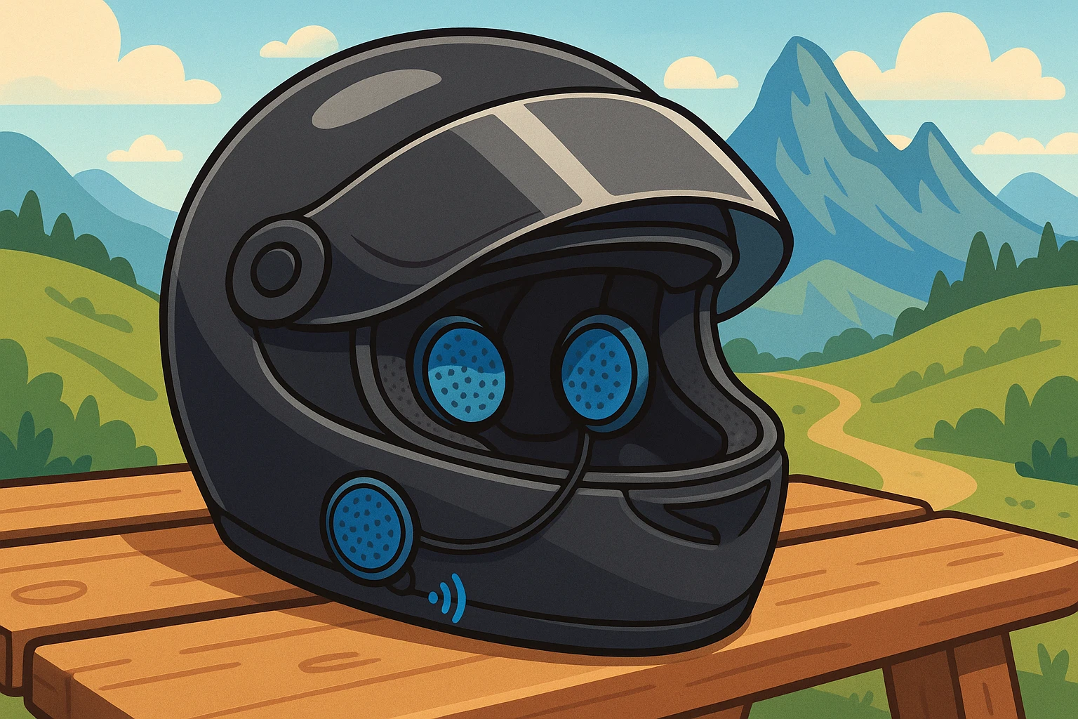 Bluetooth helmet speakers on a helmet with a scenic mountain backdrop.