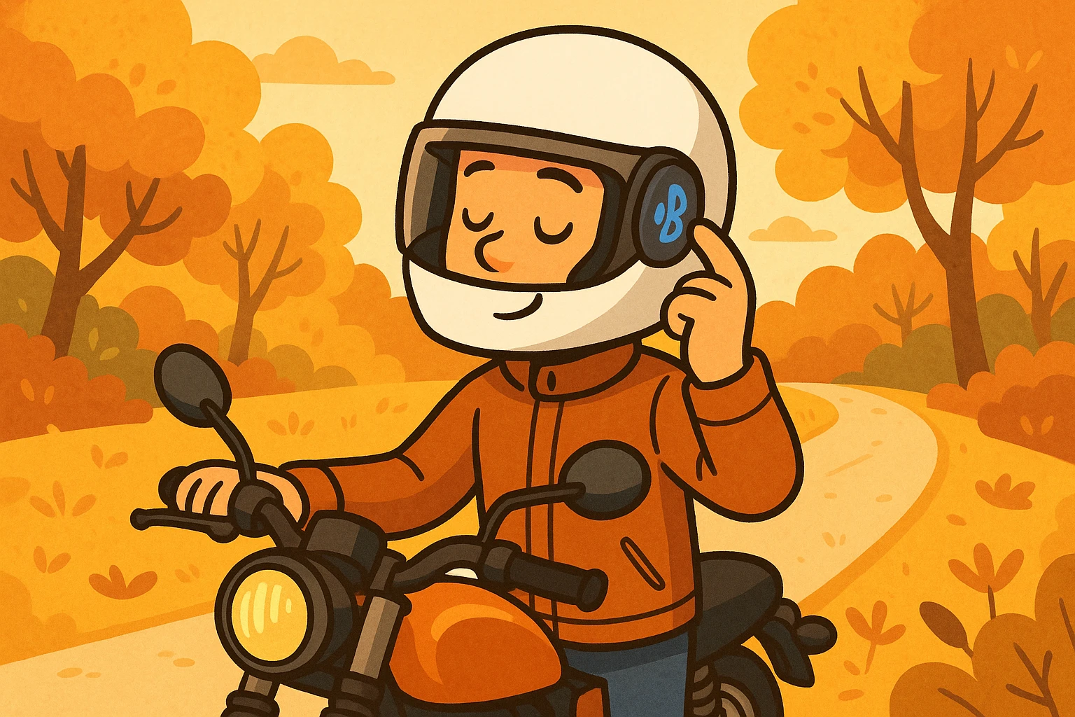 Installing helmet speakers amidst colorful fall scenery.