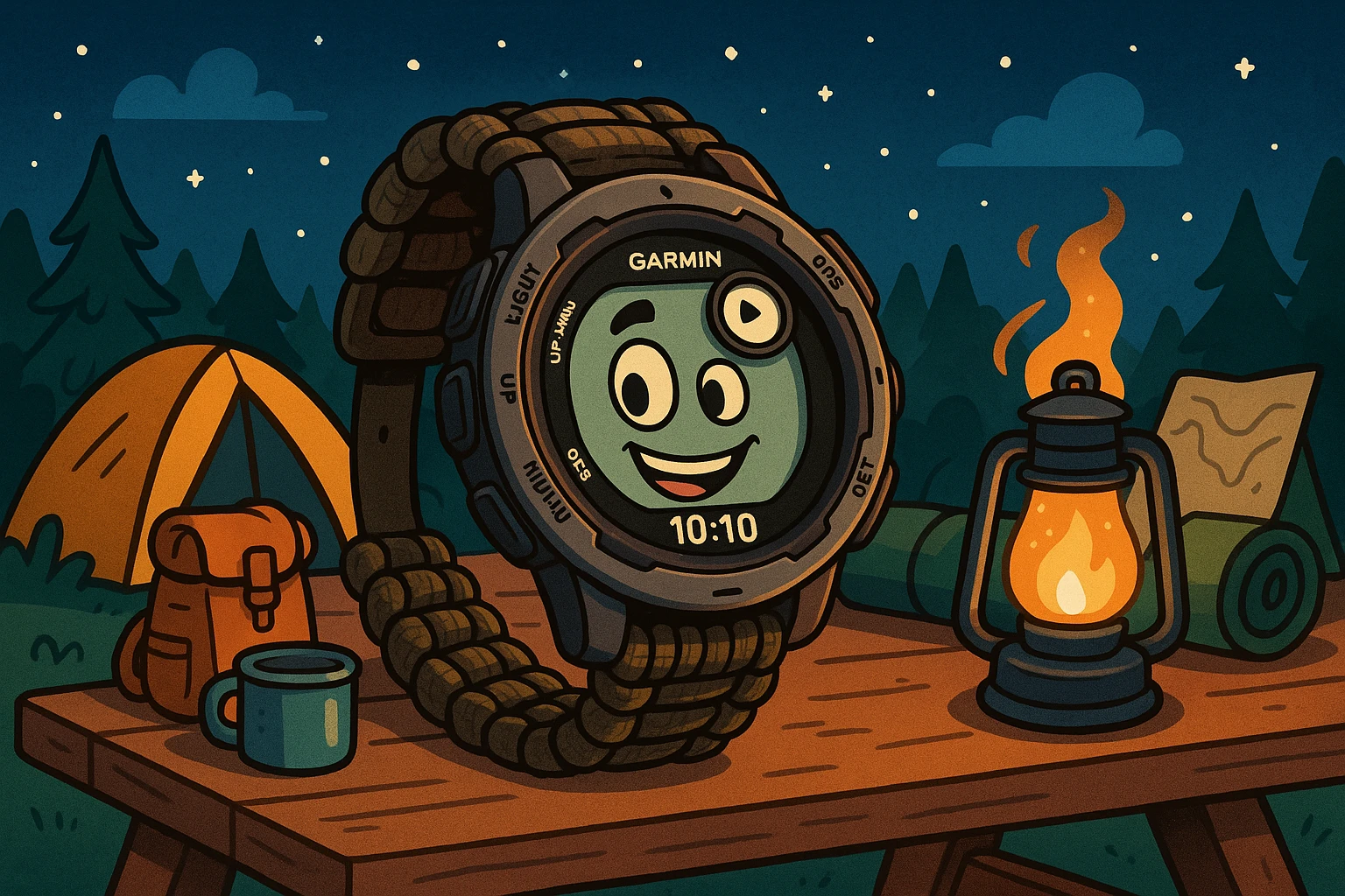 Garmin watch amid campsite gear, perfect for starry night adventures.