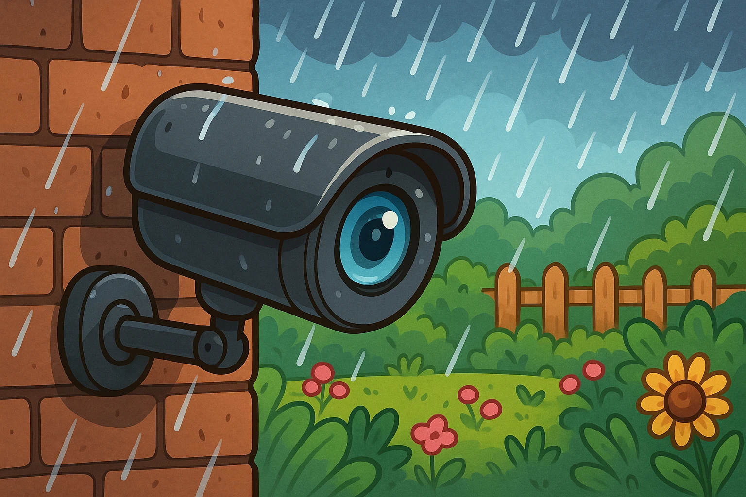 A waterproof camera monitors through heavy rain.
