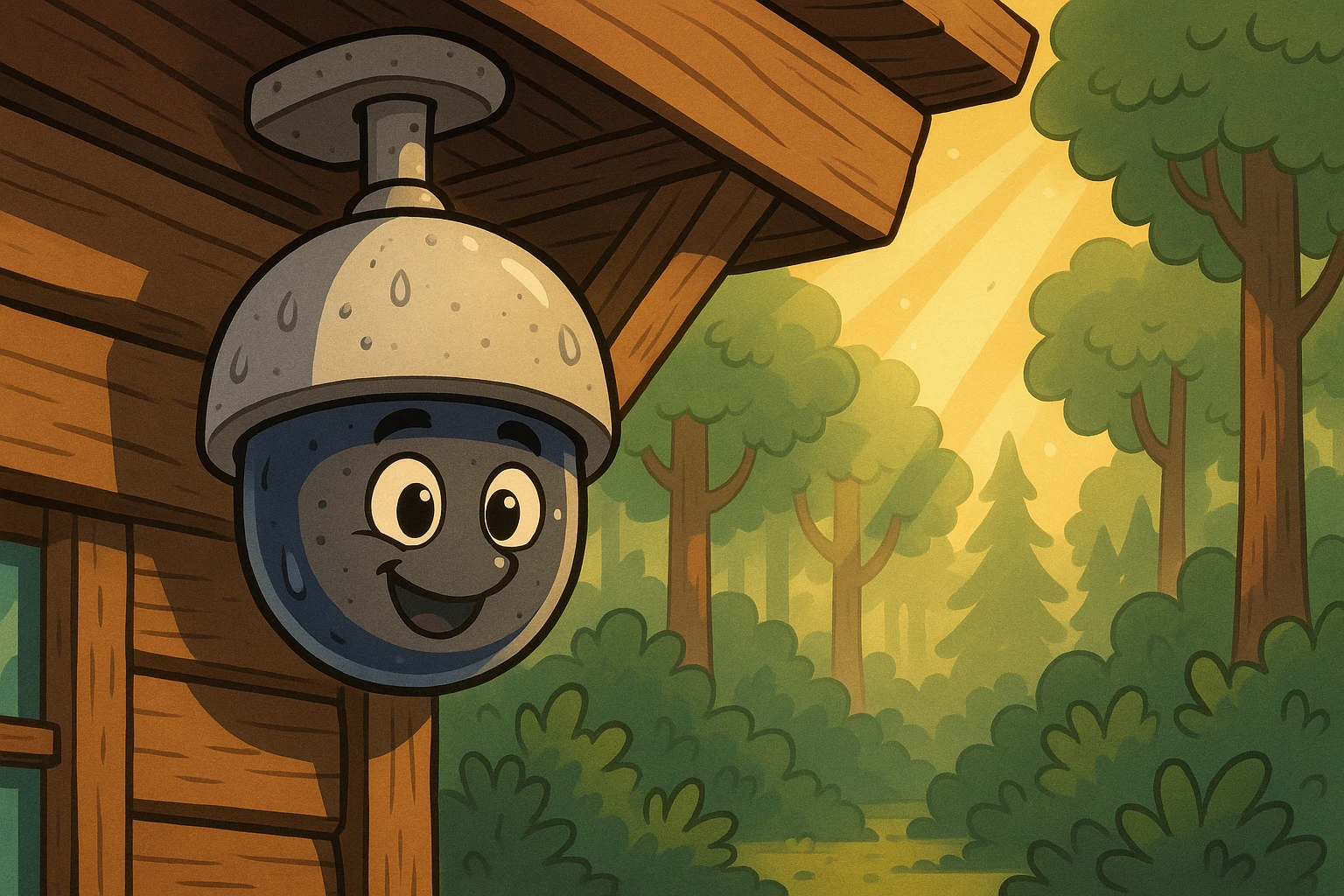 Dome camera watches over a sunlit forest from a rustic cabin.