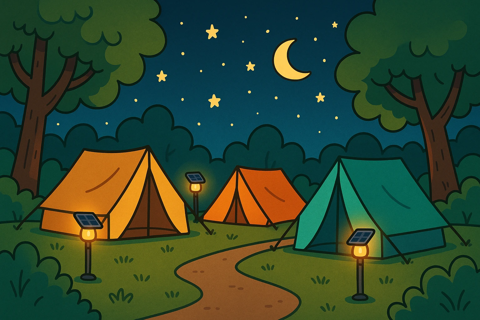 Campsite aglow with eco-friendly, solar-powered lights under the stars.