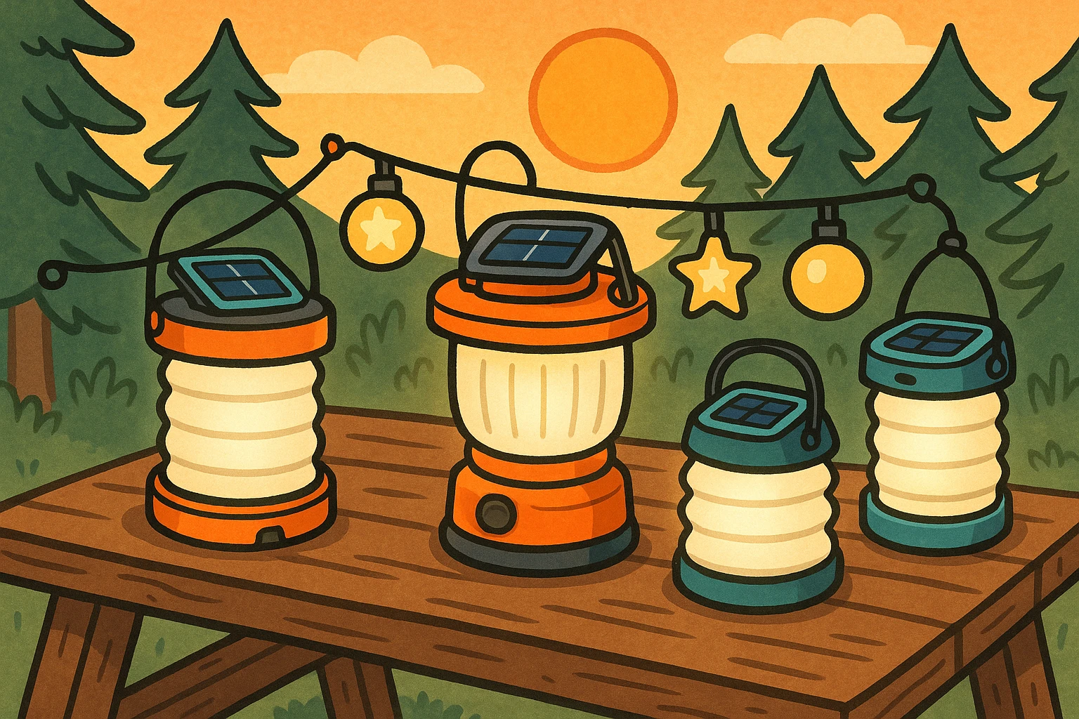 Various solar camping lights on a table at sunset in the forest.