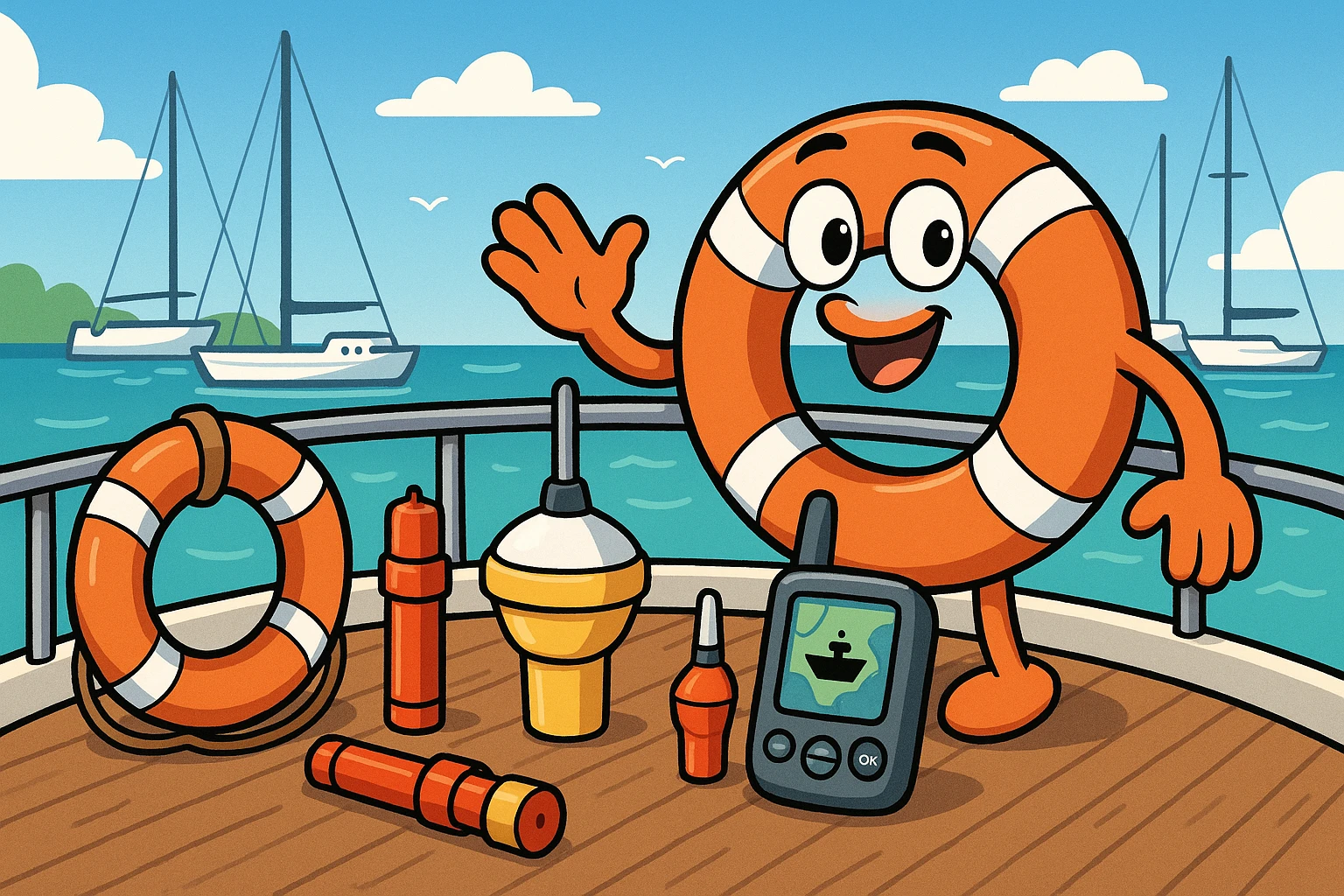 Marina display of essential marine safety gear and devices.